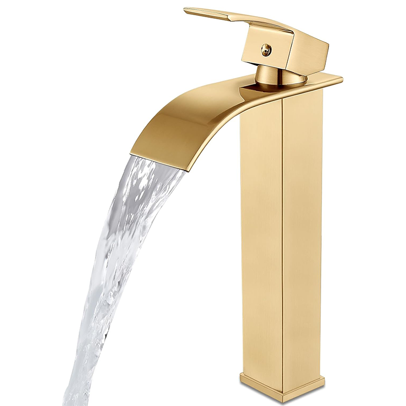 Bateria łazienkowa typu wodospad, jednouchwytowa, 1-otworowa, do nowoczesnego zlewu w kamperze, z przyłączem do węża, wysoka, szczotkowane złoto