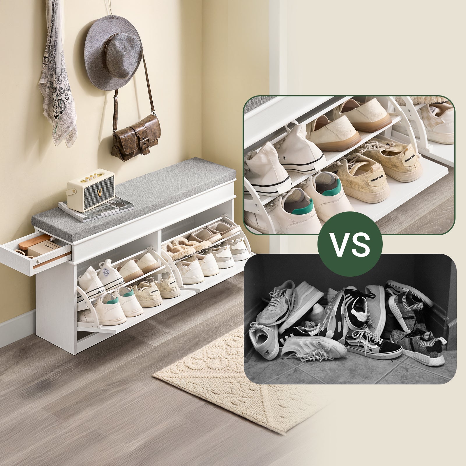 SoBuy Meuble Chaussure Rangement Chaussure Banc Chaussures Entrée - 2 Abattants avec Coussin Amovible, 104x24x51cm, Blanc, FSR64-WG - 4
