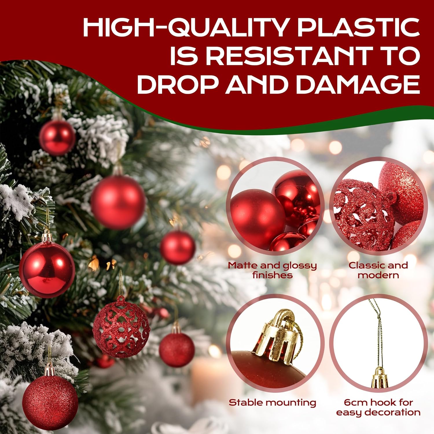 Confezione 100 Palline di Natale Colore Red, Palle di Natale Diametro 3/4/6 cm, Addobbi E Decorazioni per Albero di Natale, Colore Rosso