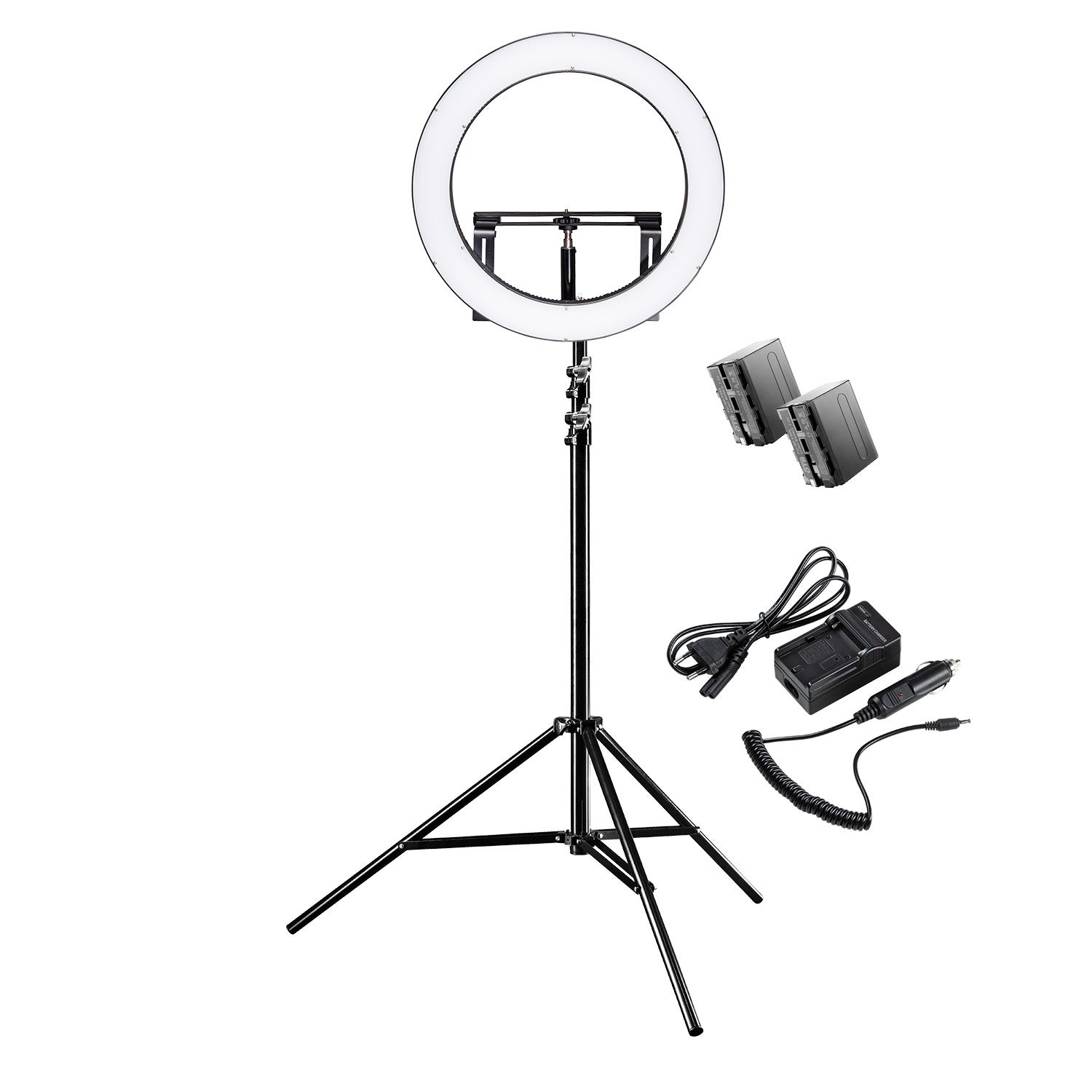 Walimex pro led aro de luz 500 bi-color set con trípode y batería, anillo regulable 32 w, anillo con sectores conmutables individualmente, luz para...