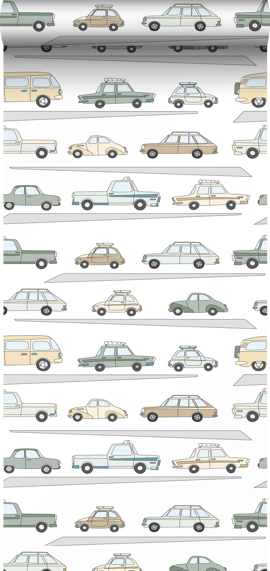 Papel pintado coches verde grisáceo, gris y beige - 50 x 900 cm - estahome