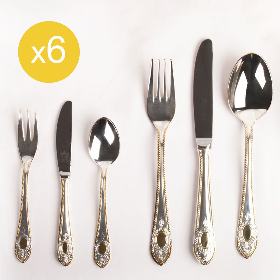 Juego de cubiertos en acero inoxidable 18/10 bañados en oro (36 piezas) toscana royal, 6 cucharas, 6 tenedores, 6 cuchillos, 6 cucharas de postre, 6