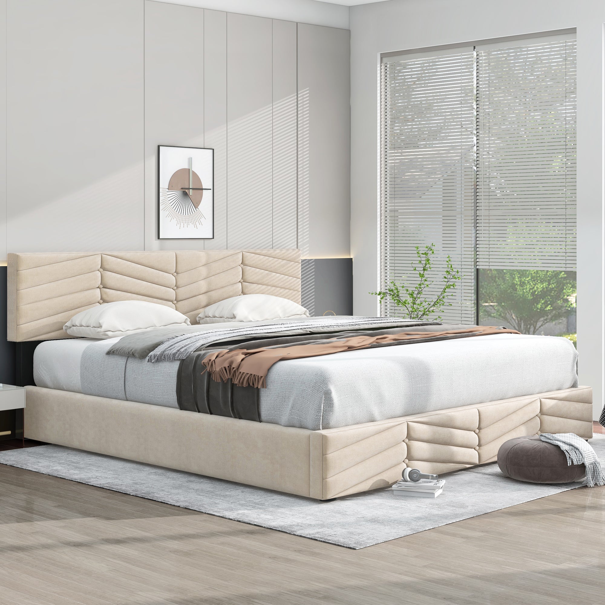 Łóżko z weluru z stelażem na listwy + regulowane wezgłowie - 160x200cm - Beżowe - 2