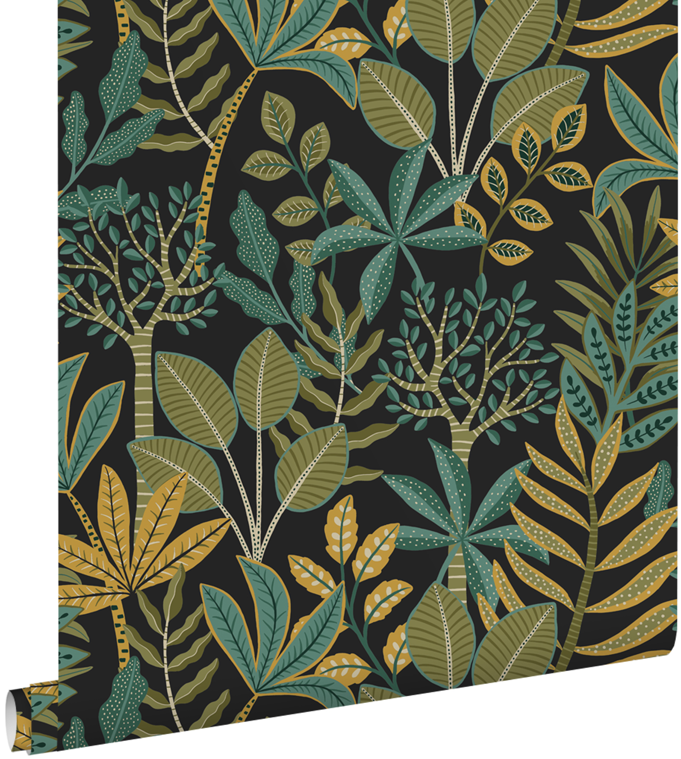 Papel pintado hojas turquesa y verde oliva agrisado - 50 x 900 cm - estahome