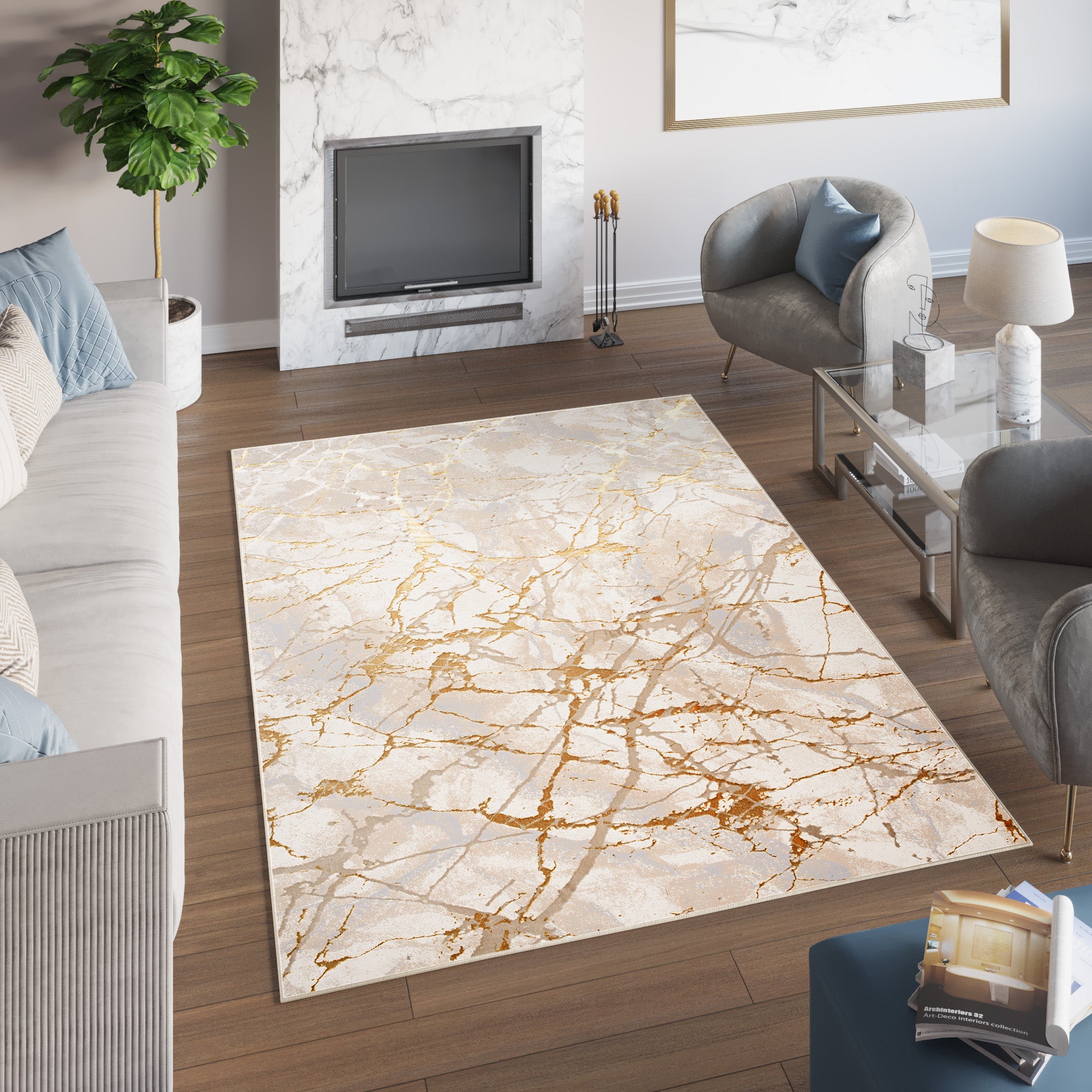 Alfombra Moderna Mármol Oscuro Con Líneas Y Plata – Diseño Rectangular De HomebyHome (12mm De Pelo)