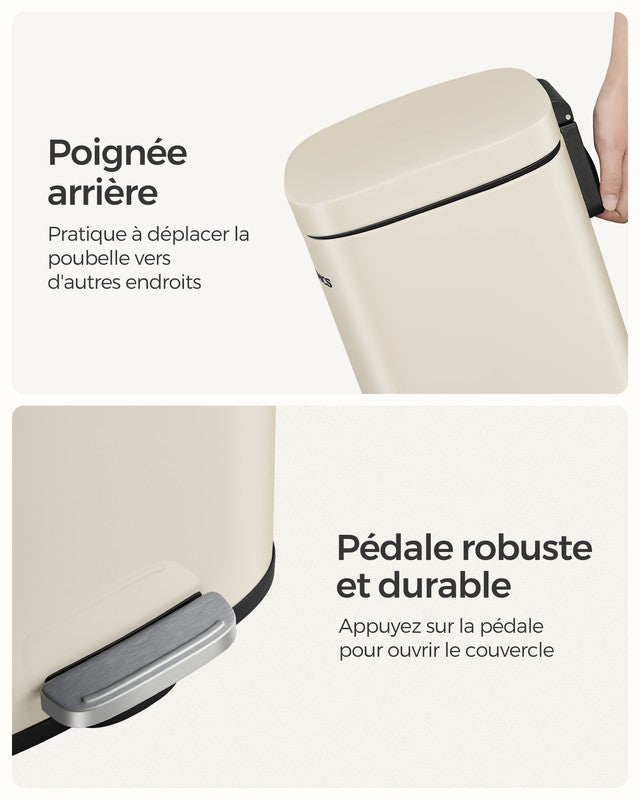 Poubelle Cuisine 30L, Poubelle à Pédale, avec Couvercle à Fermeture en Douceur, Seau Intérieur, en Acier, Beige Sable - 7