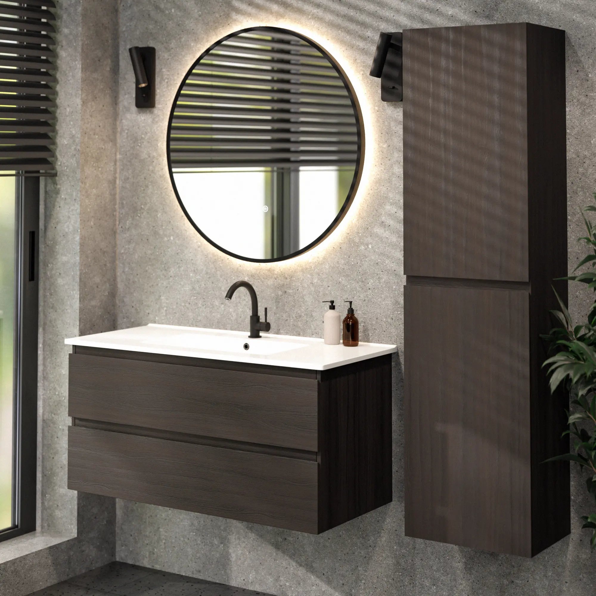 Mirlux Meuble vasque Varo - 100 x 46 x 50 cm - Noyer - Vasque blanche incluse - 6