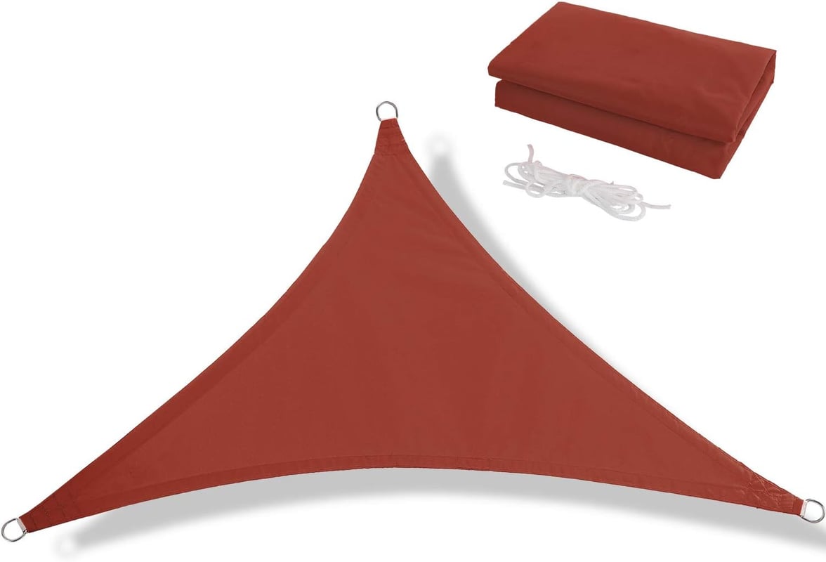 Wodoodporny trójkątny żagiel przeciwsłoneczny o wymiarach 3,6 x 3,6 x 3,6 metra, z ochroną UV, idealny na tarasy, wiaty samochodowe, w kolorze rdzawo