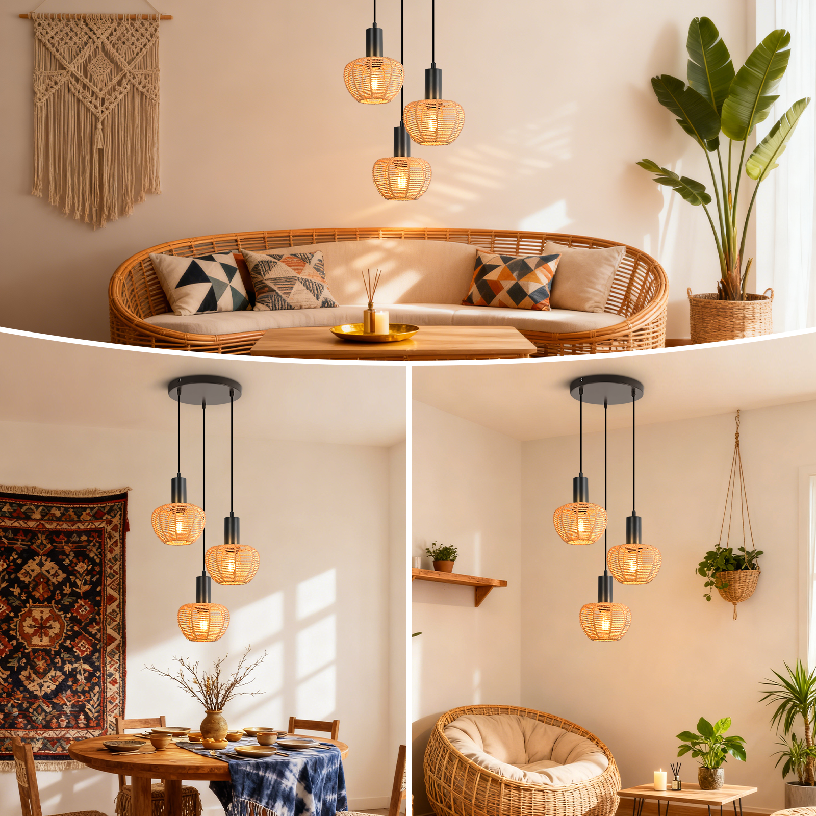 ZMH Czarna lampa wisząca w stylu vintage z trzema żarówkami E27 (żarówki nie są dołączone) - 7