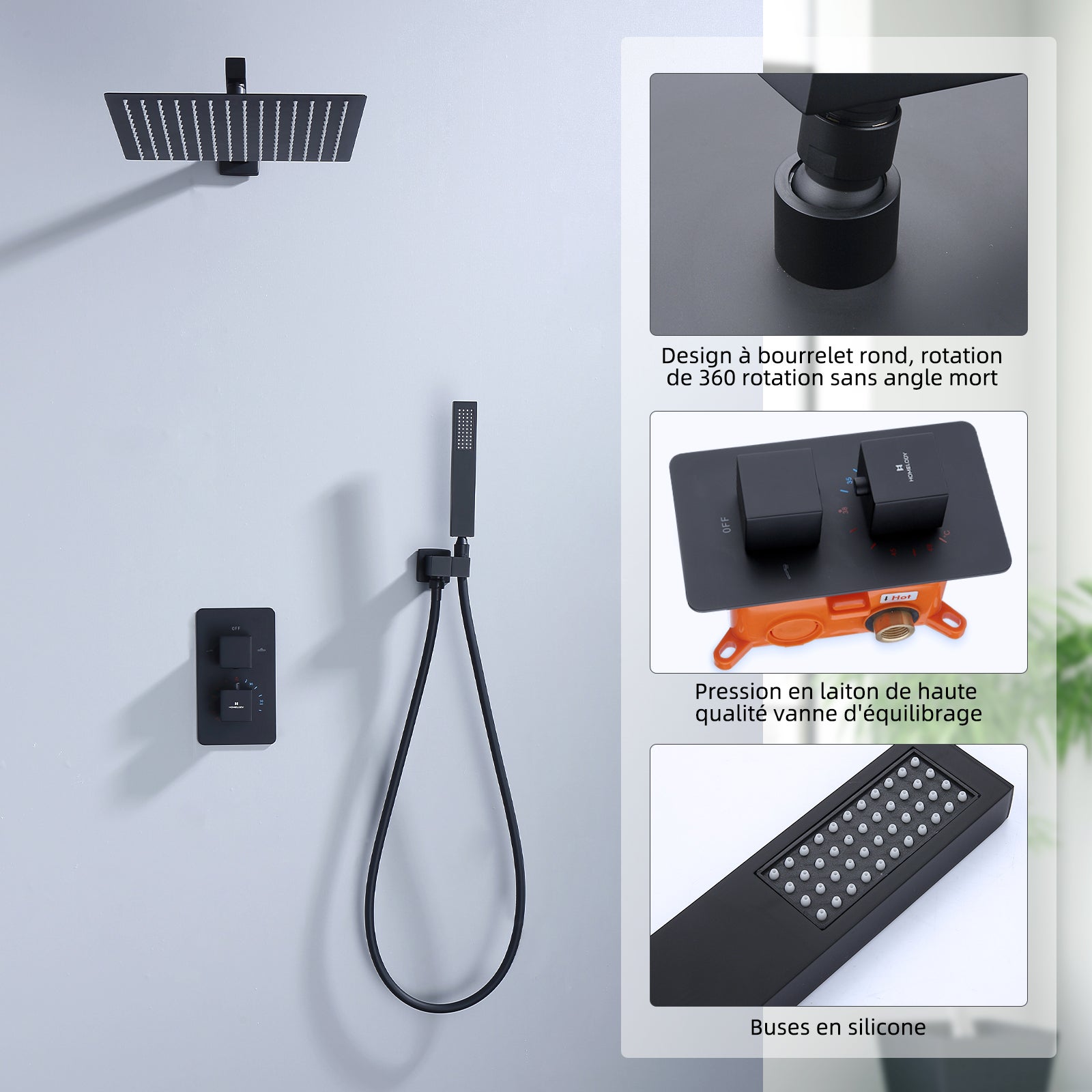 Colonne de Douche Encastrée Noir Système de Douche Thermostat en Laiton avec Tête de Douche Carrée 30*30CM HOMELODY - 7
