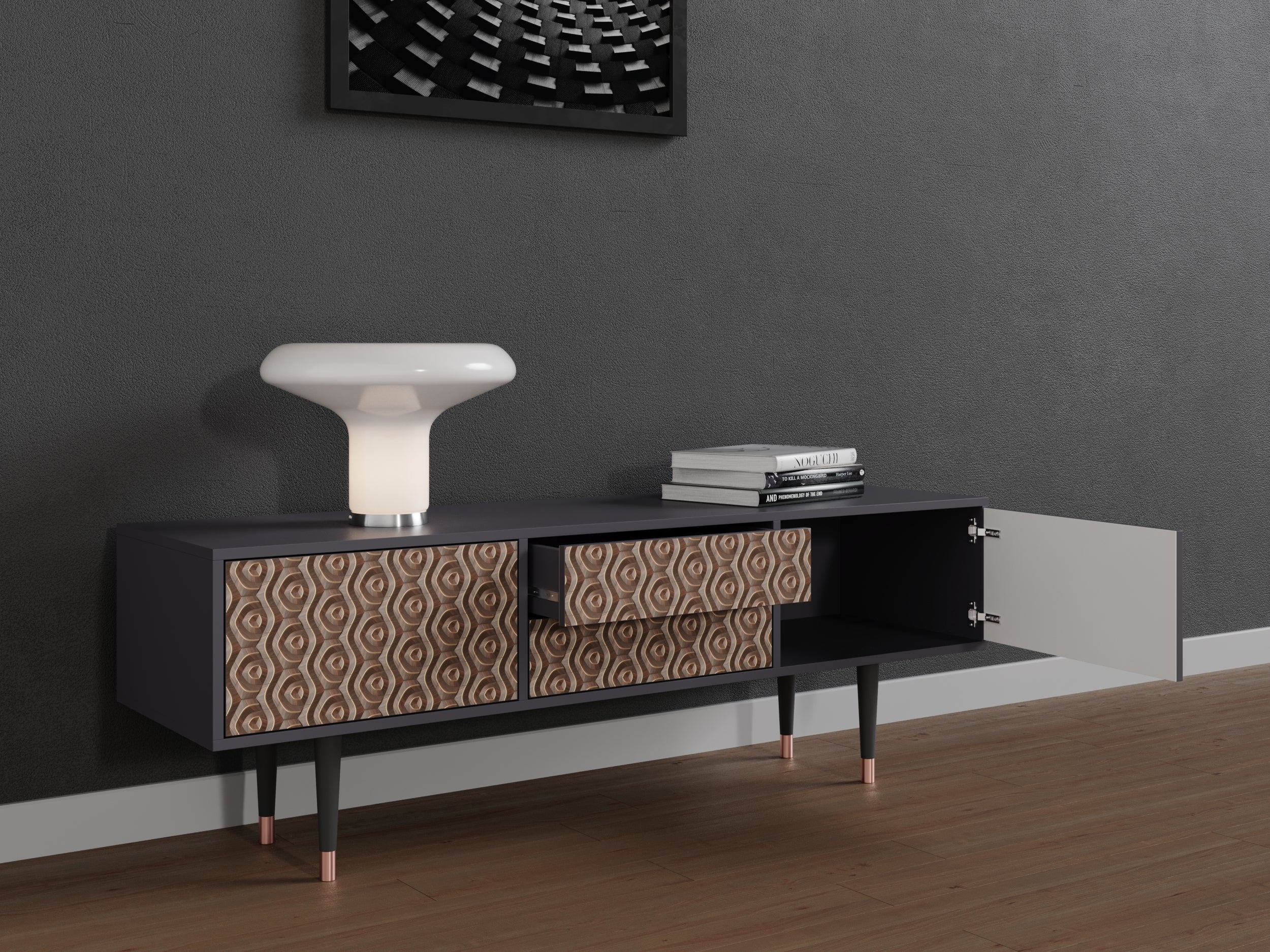 Una base per TV con due porte e due cassetti, lunga 170 cm, di colore antracite - 3