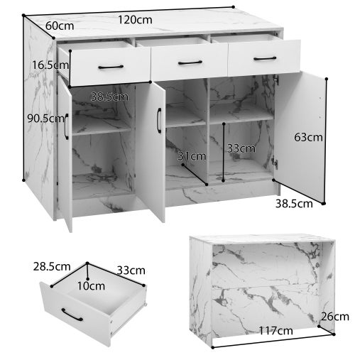 Grand îlot de cuisine 120 x 60 x 90,5 cm, 3 tiroirs et 3 portes, design en marbre blanc, étagères réglables, tiroirs silencieux, design coin bar - 5