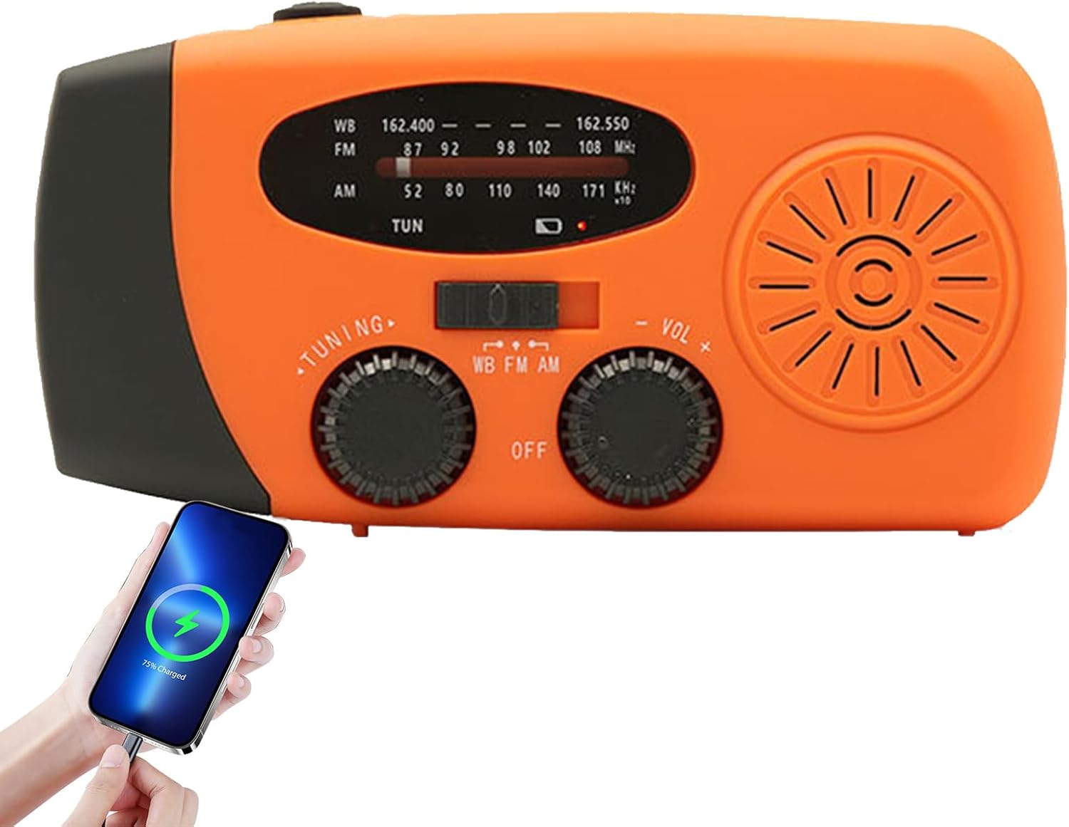 Radio pogodowe z korbką, ładowalne, 2000 mAh, AM/FM, solarne, z oświetleniem LED, do przetrwania w pomieszczeniach i na kemping, pomarańczowe