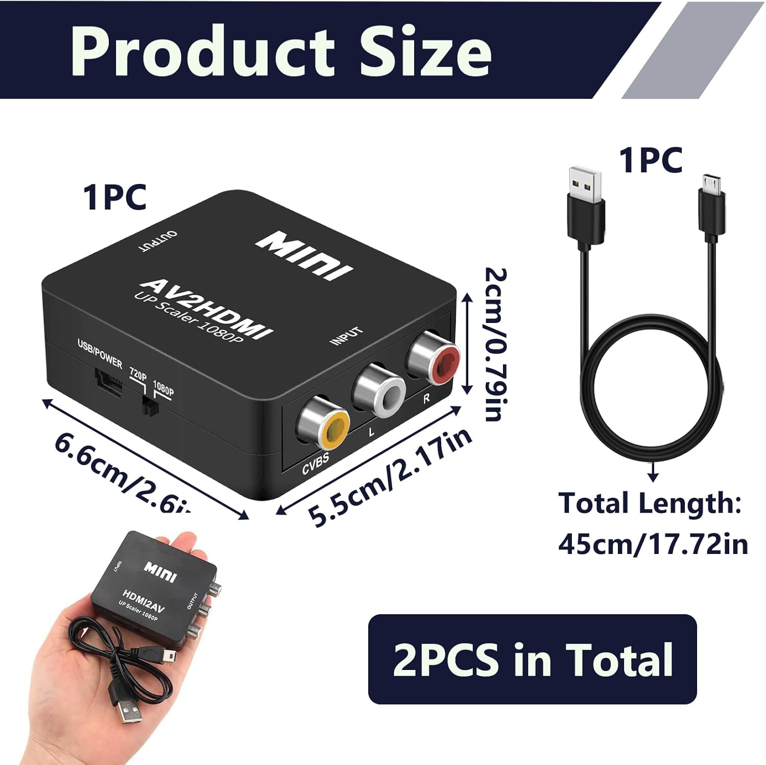 Adaptador RCA a HDMI, convertidor AV a HDMI, mini CVBS audio y