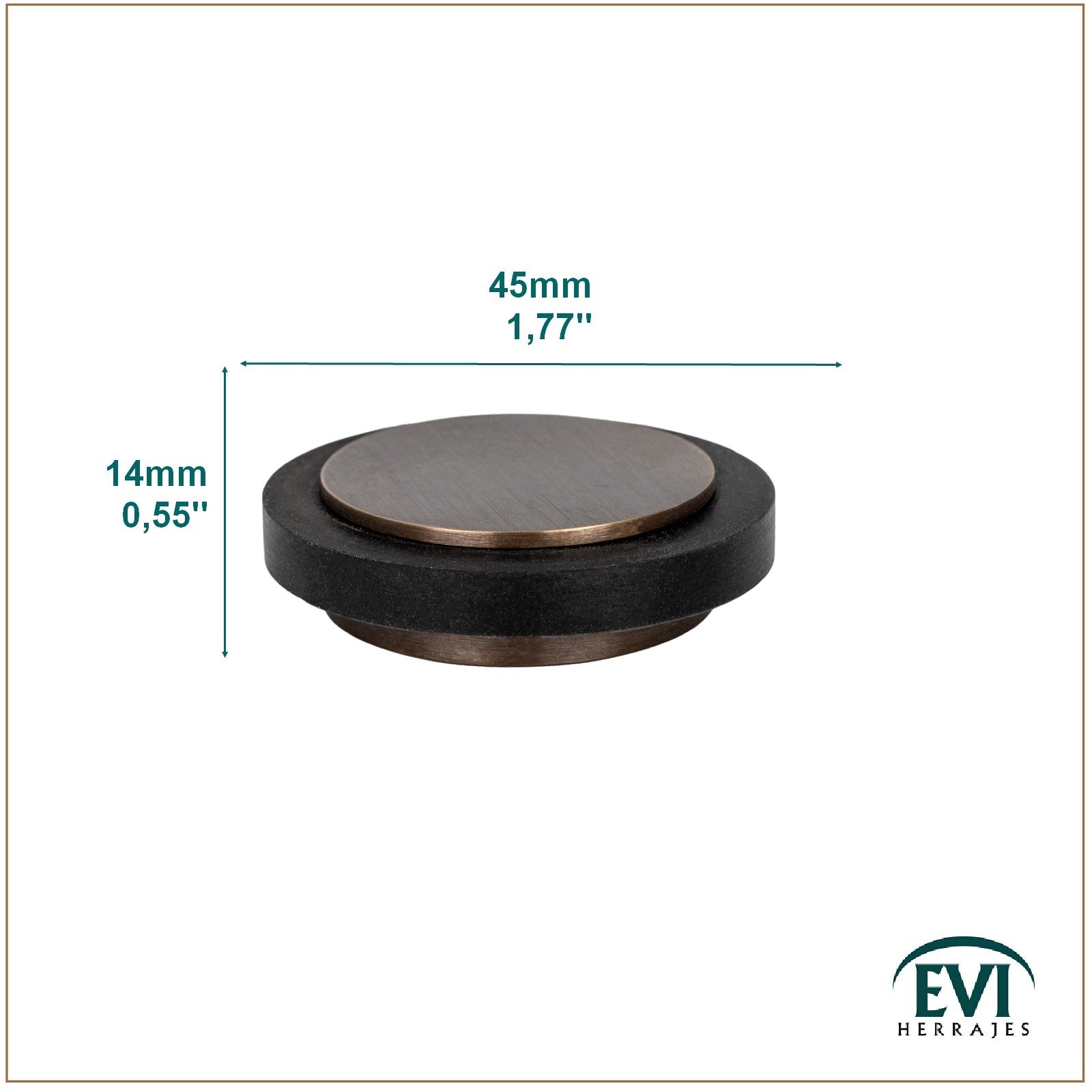 Lot de 2 butées de porte 35 x 12 mm pour sol, laiton rustique avec caoutchouc de protection noir, adhésif, EVI Herrajes - 4