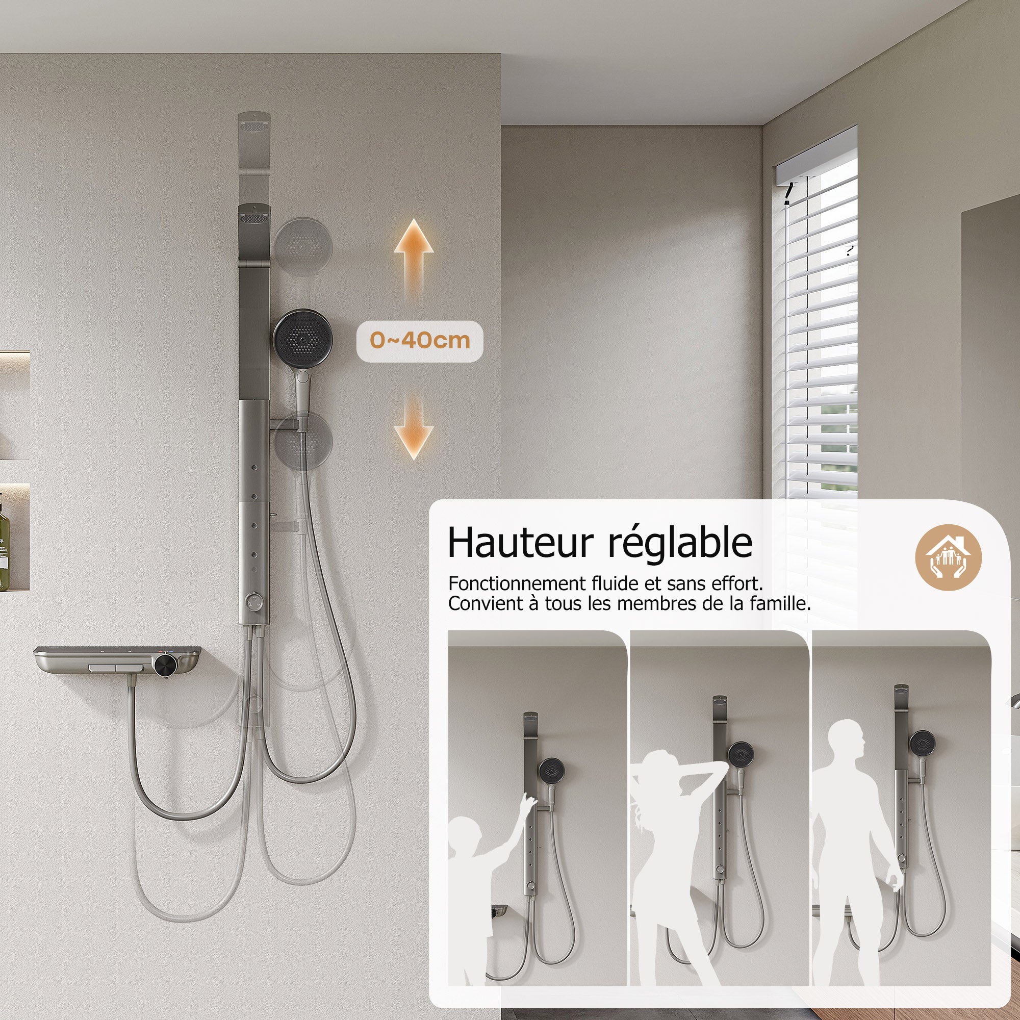 HOROW Ensemble de douche à effet pluie gris, avec Robinetterie Thermostatique, 4 modes de massage, pliable, réglable en hauteur - 4