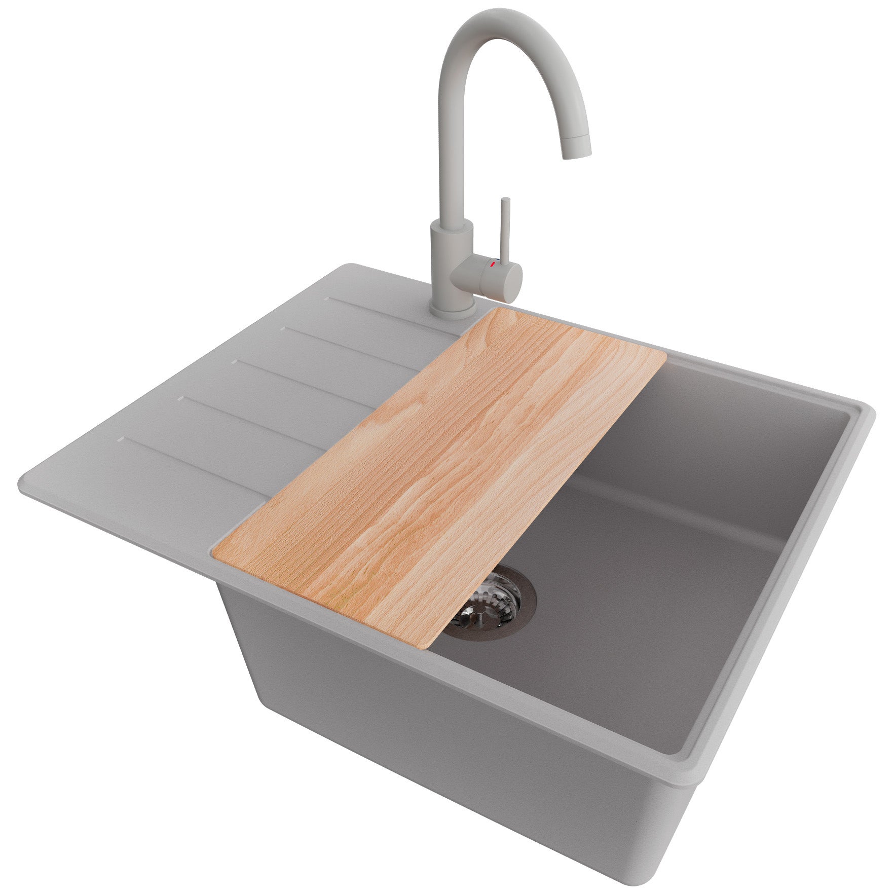 Zlewozmywak Granitowy Szary 62x50cm, Zlew Kuchenny 1 Komorowy + Bateria 32x20cm + Syfon + Deska, Nablatowy do szafki od 50cm - Kopenhaga PRIMAGRAN