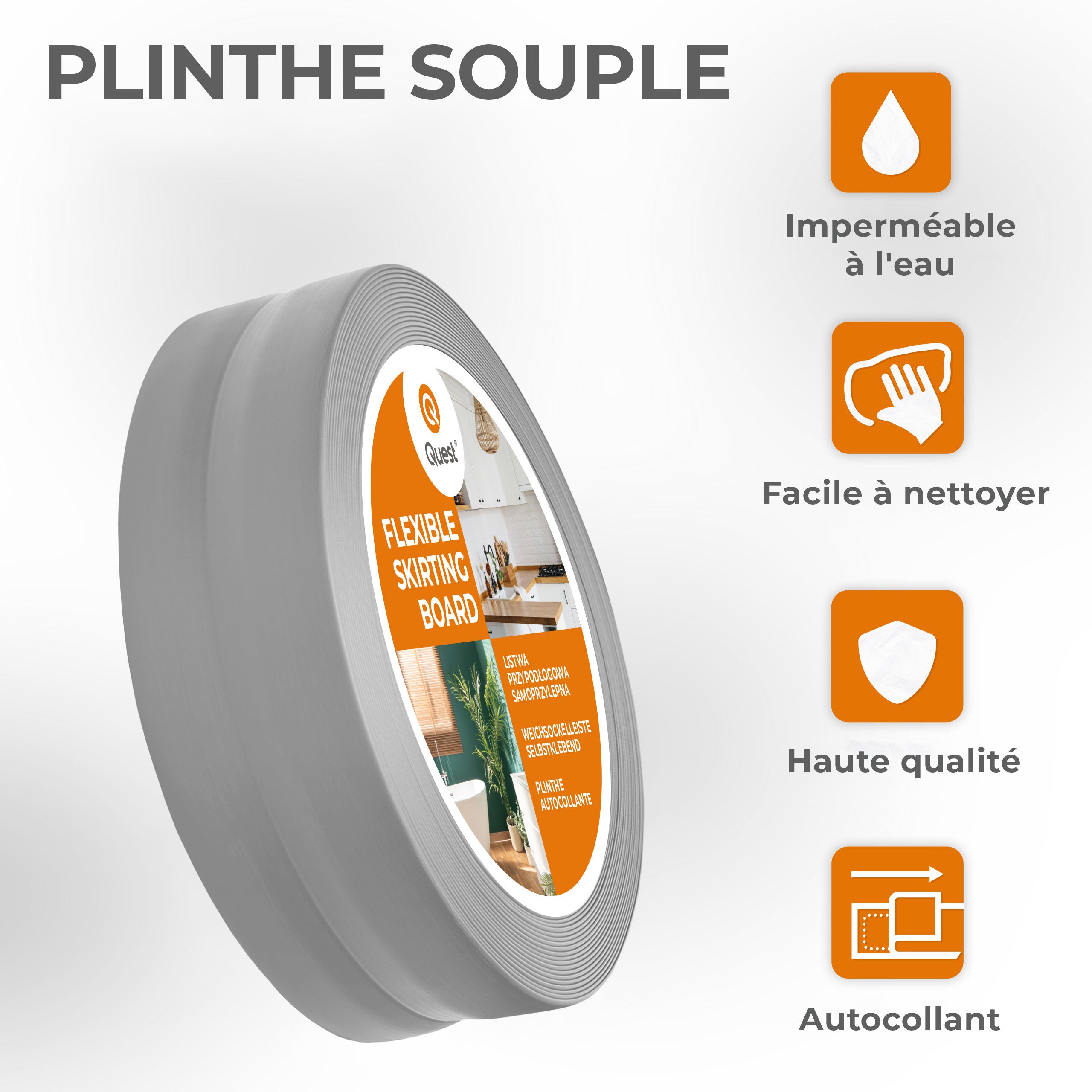 QUEST Moulure Souple Auto-Adhésive en PVC 30x30mm, 5m, Plinthe Souple, Bande Élastique pour Finitions et Étanchéité des Joncti, szary - 2