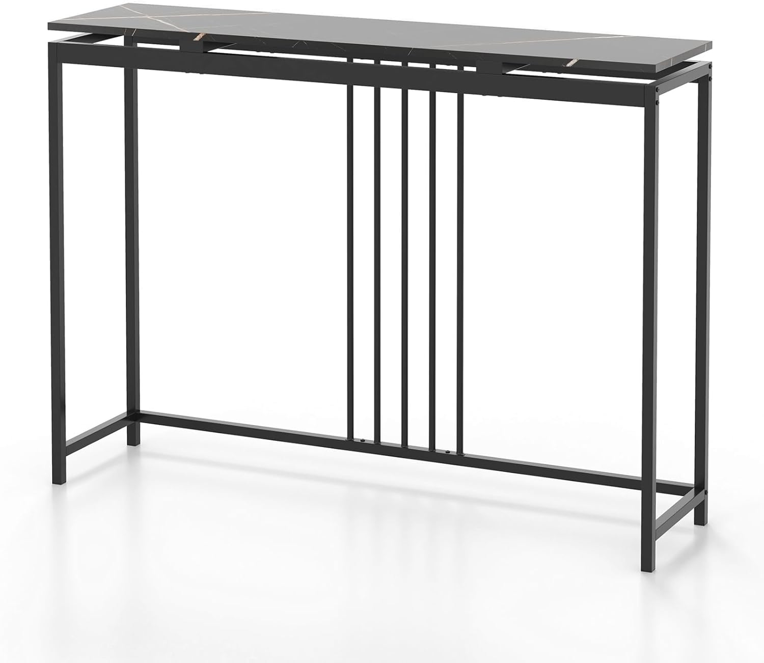 Stolik Konsolowy z Blatem Imitującym Marmur, Stabilna Konstrukcja Żelazna, do Salonu, Zajmuje Mało Miejsca, Łatwy Montaż, 120 x 30 x 90 cm, Czarny