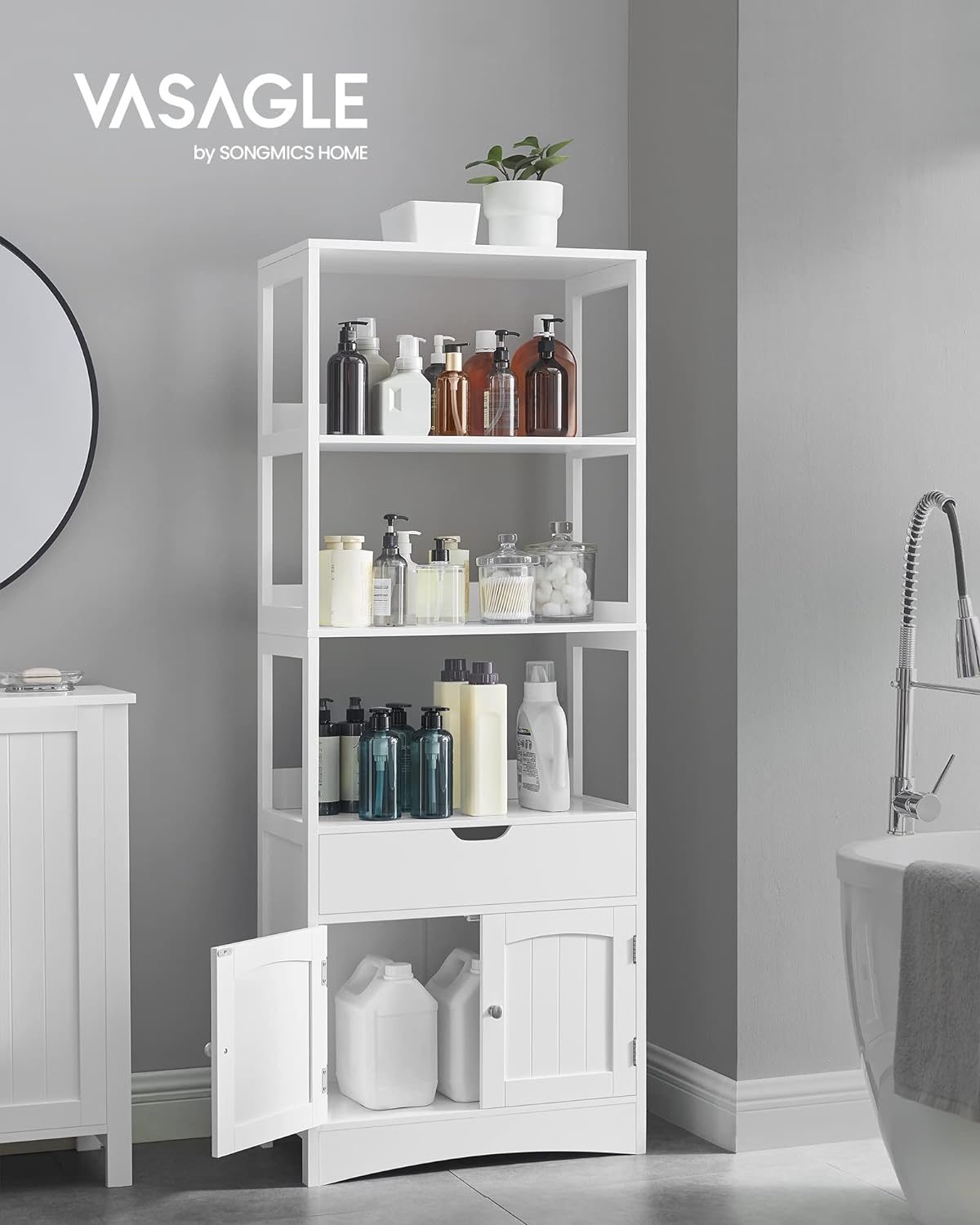 Meuble De Salle De Bain Avec 3 Compartiments Ouverts, 1 Tiroir, 1 Placard, 60 x 32,5 x 154 cm - 2
