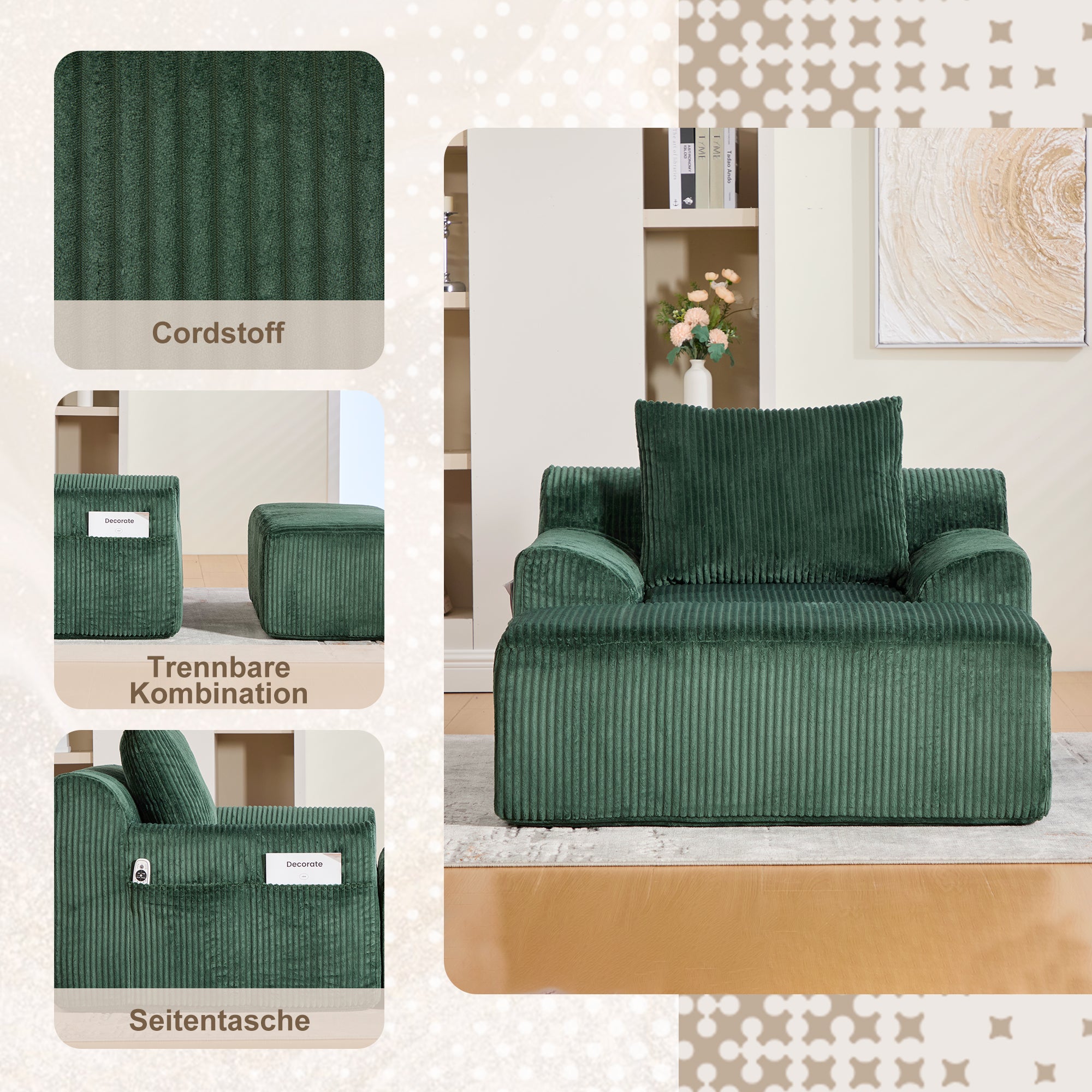 Fauteuil surdimensionné en velours côtelé, poches latérales, coussin, assise profonde, sans montage – ComfortXL - 9