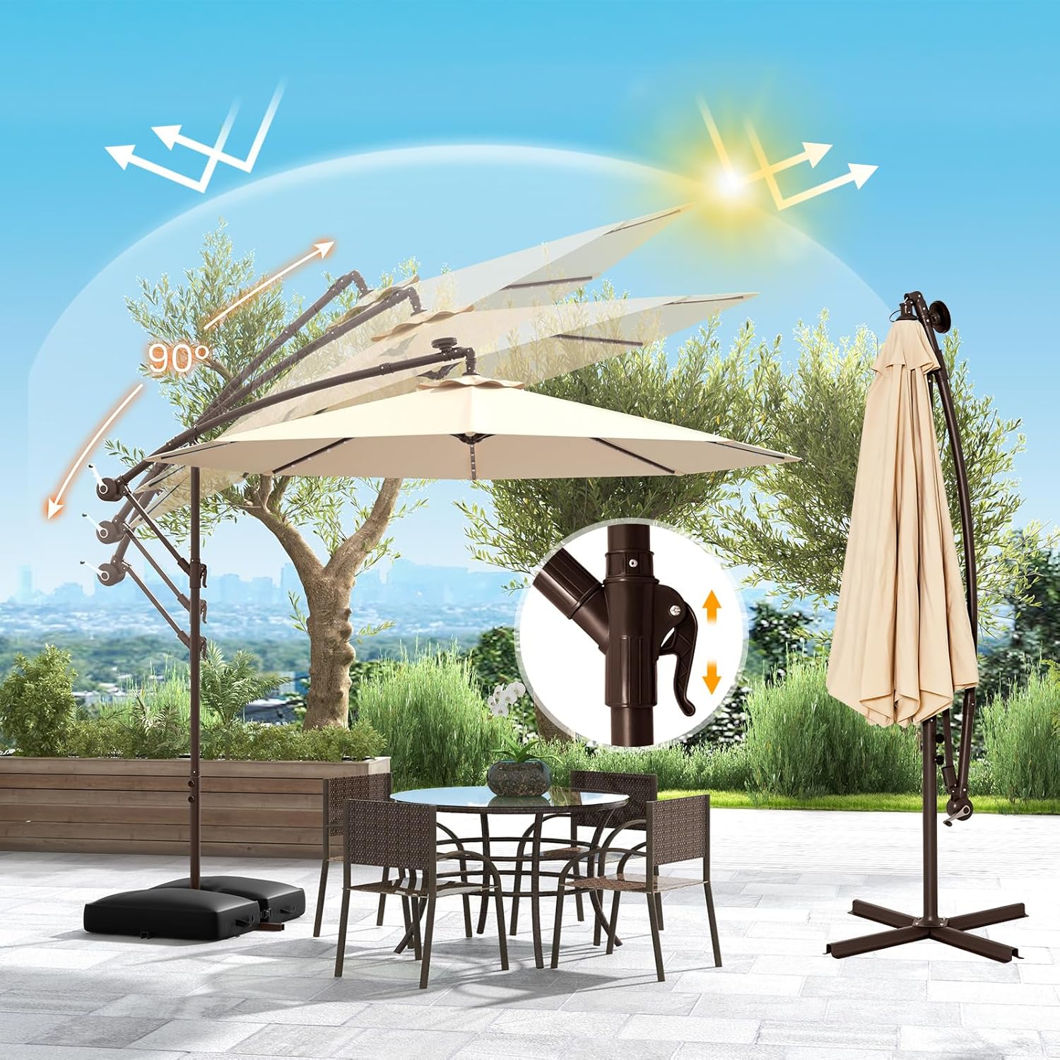 Ombrellone Da Giardino Ø300cm Con Luci LED Solari - Inclinabile Per Patio E Spiaggia