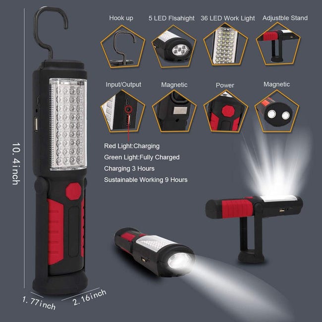 Lampe De Travail TOPCAR 02324 LED Rechargeable – Aimantée, Crochet, 700 Lumens, IP54, Rotation 180°