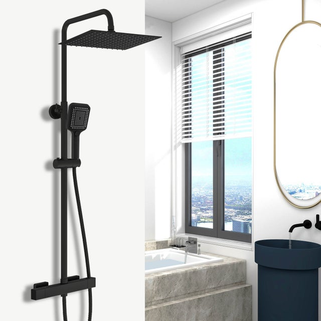 AICA Columna de Ducha Termostática Rociador Superior 30x30cm Negro Mate con Barra Ajustable Diseño Sencillo para Baño