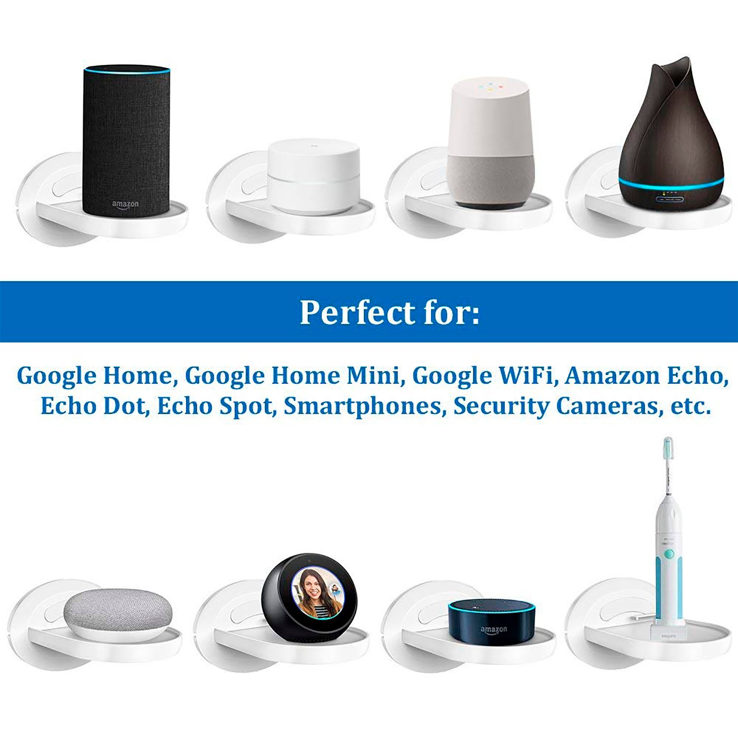 Soporte de pared para altavoces inteligentes Amazon Echo Dot/ Spot y Google Home/Mini con organizador de cable 15x5x12 Cm. Color: Blanco DAM - 4