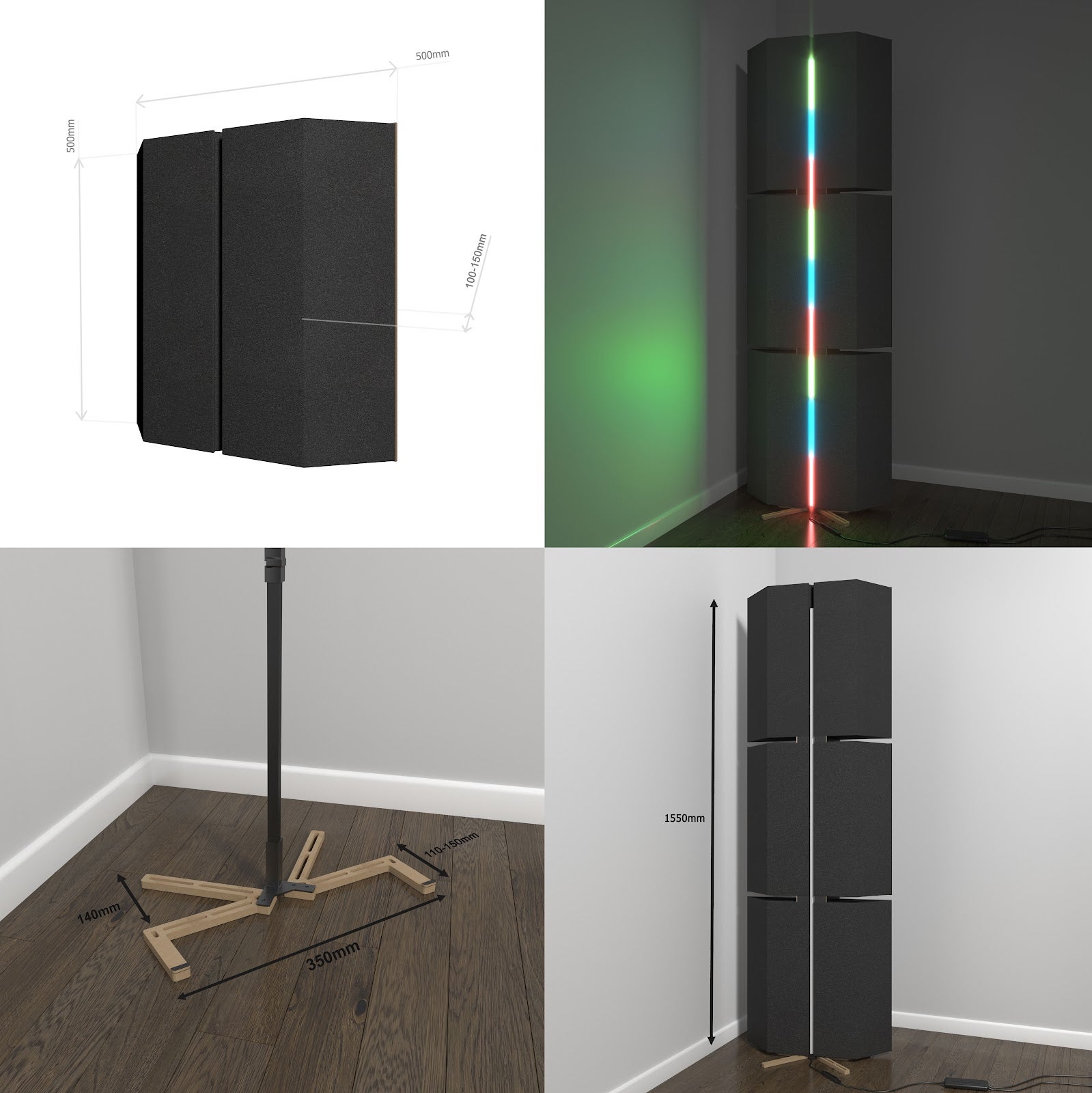 Lot de 3 Pièges à basses UNIVERSE avec support de sol et rétroéclairage LED 150x50x15 cm -MDF perforé laminé et mousse acoustique -Sonoma - 5