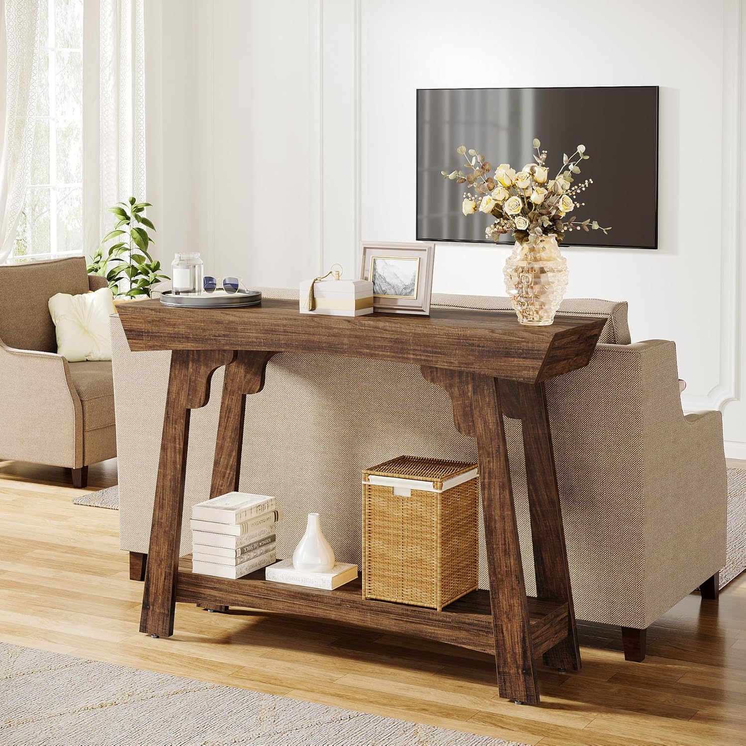 Console Tribesigns 105 cm avec rangement, table d'entrée en bois à 2 niveaux avec étagère, table de canapé étroite de style ferme derrière le canapé - 4