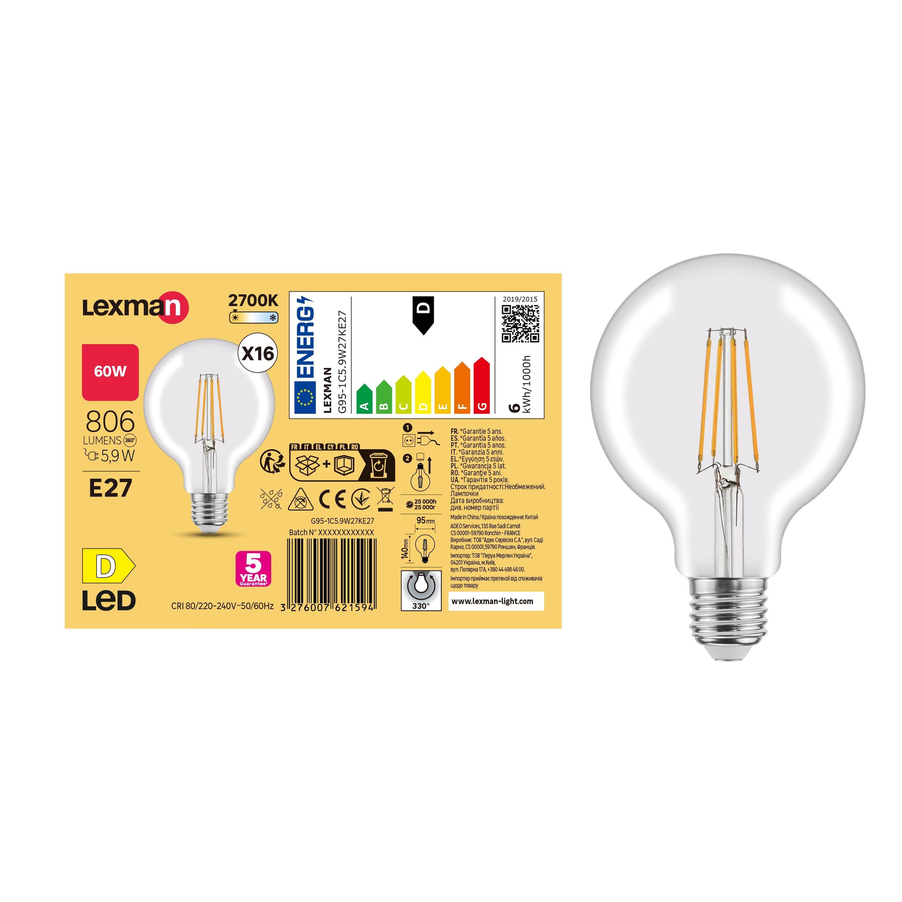LEXMAN - Juego de 16 bombillas de filamento LED - E27 - 806LM - equivalente a 5,9W 60W - Ø 95 mm - 2700K - Blanco cálido - 4