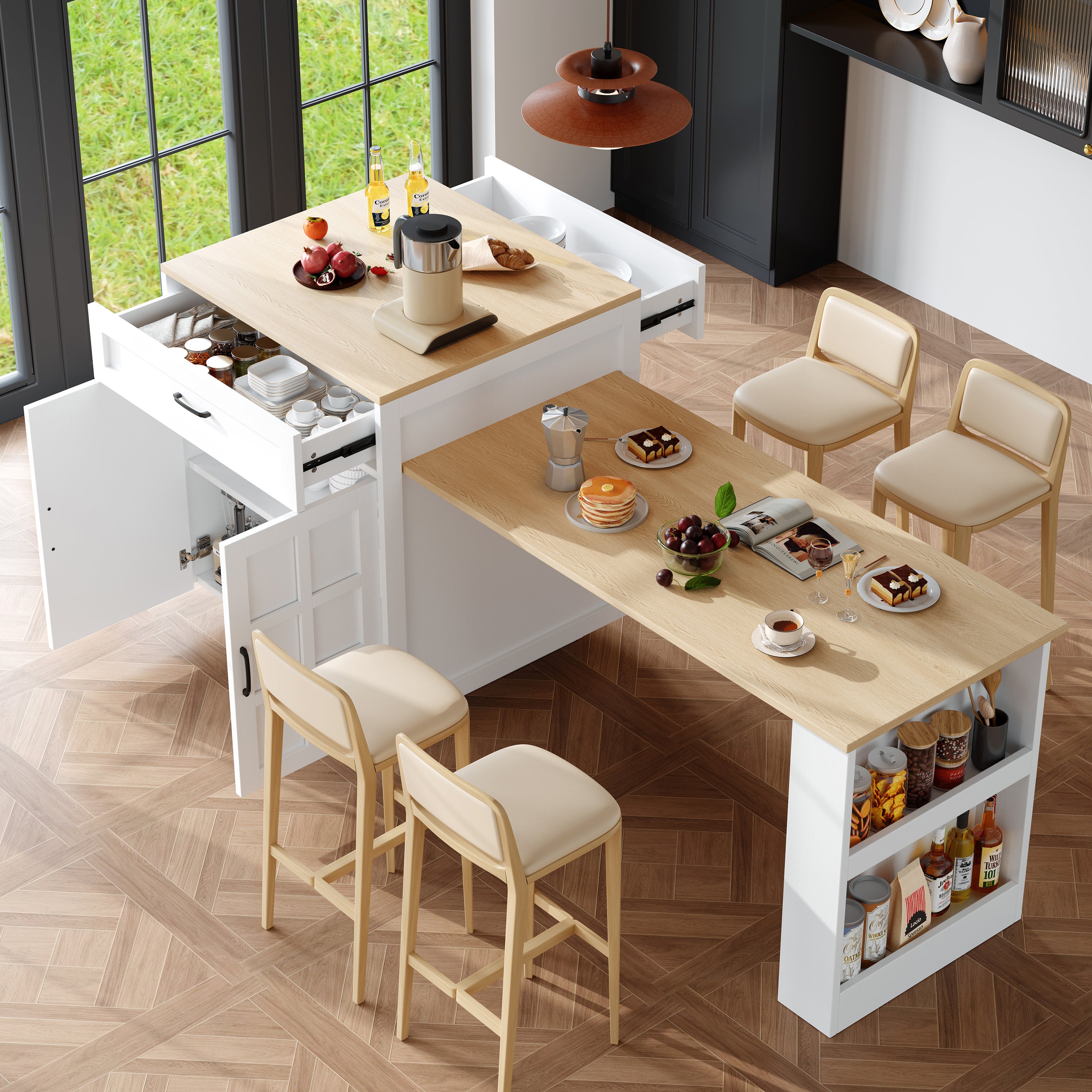 Wyspa kuchenna ze stołem jadalnym dla 4-6 osób - 2 szuflady, 2 drzwi i półki - 133/202 x 70 x 93,5 cm - MDF - biała