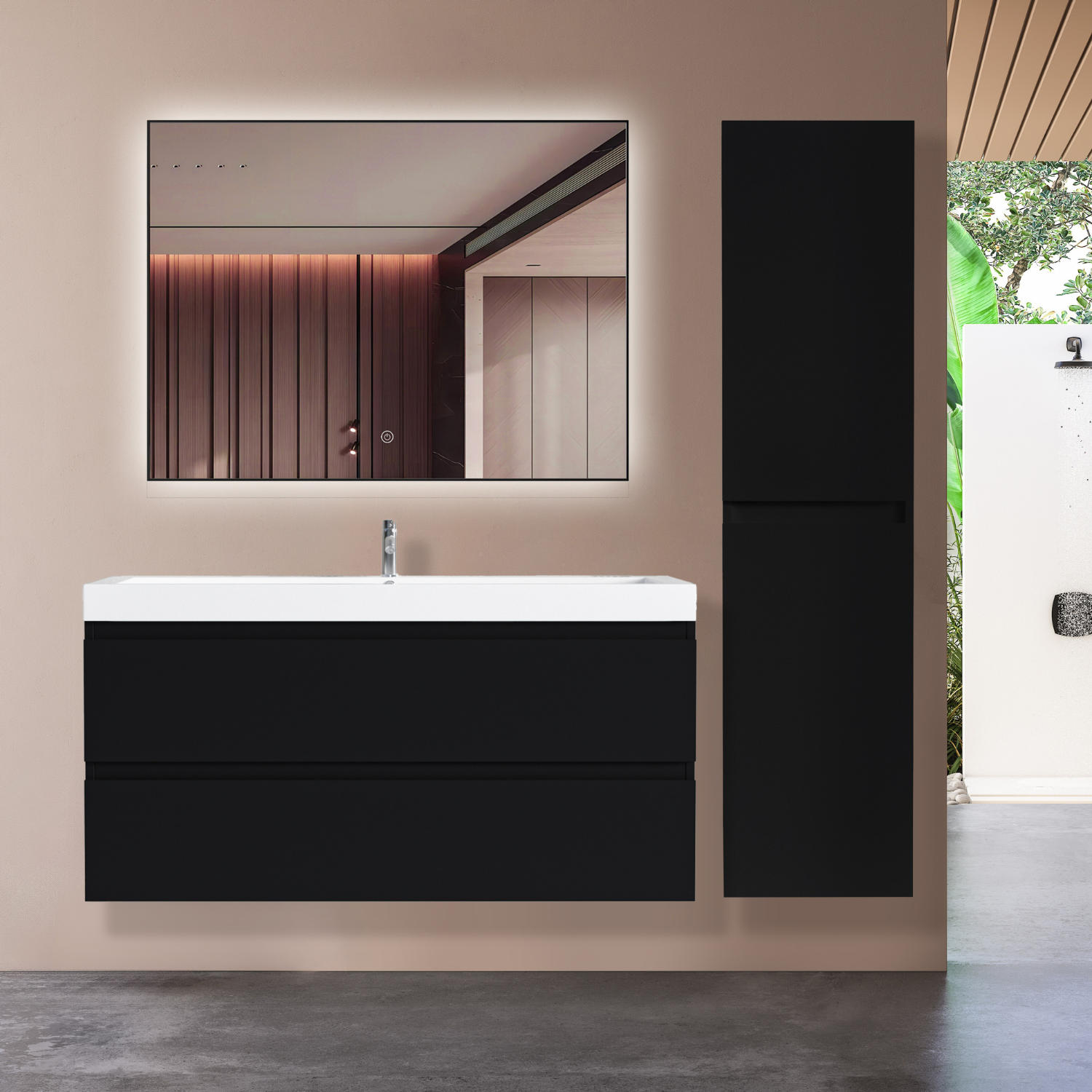Ensemble meuble vasque 100 cm avec colonne - LOMAZOO Avalon - noir mat - lavabo blanc - 10