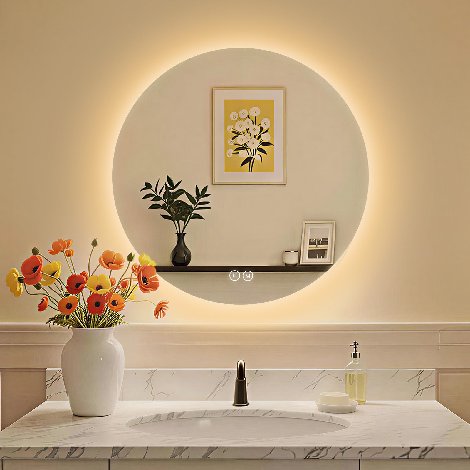 Lustro łazienkowe okrągłe z oświetleniem LED 60 cm – dotykowy włącznik, 3 kolory światła – S’AFIELINA