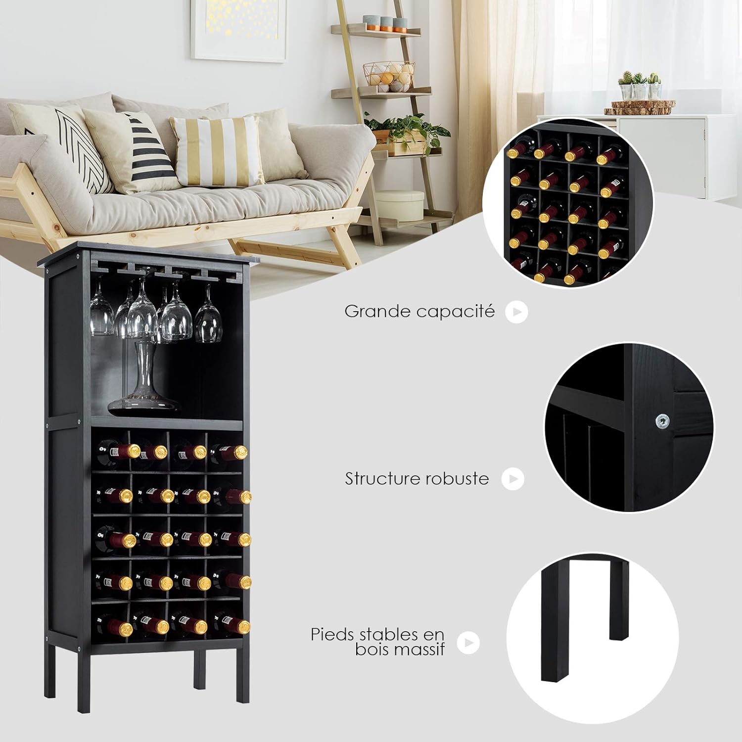 Casier a Vin, avec 20 Emplacements et Porte-gobelet, Etagere a Bouteille en Pin 42 x 24,5 x 96 CM pour Cave, Collier, Cuisine, Salon, Chambre (Noir) - 3