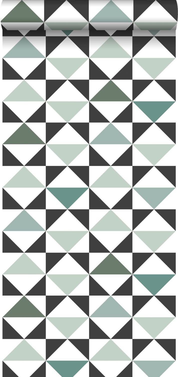 Tapeta trójkąty graficzne białym,czarnym,miętowej zieleniIszarej morskiej zieleni - 53 cm x 10.05 m - ESTAHOME