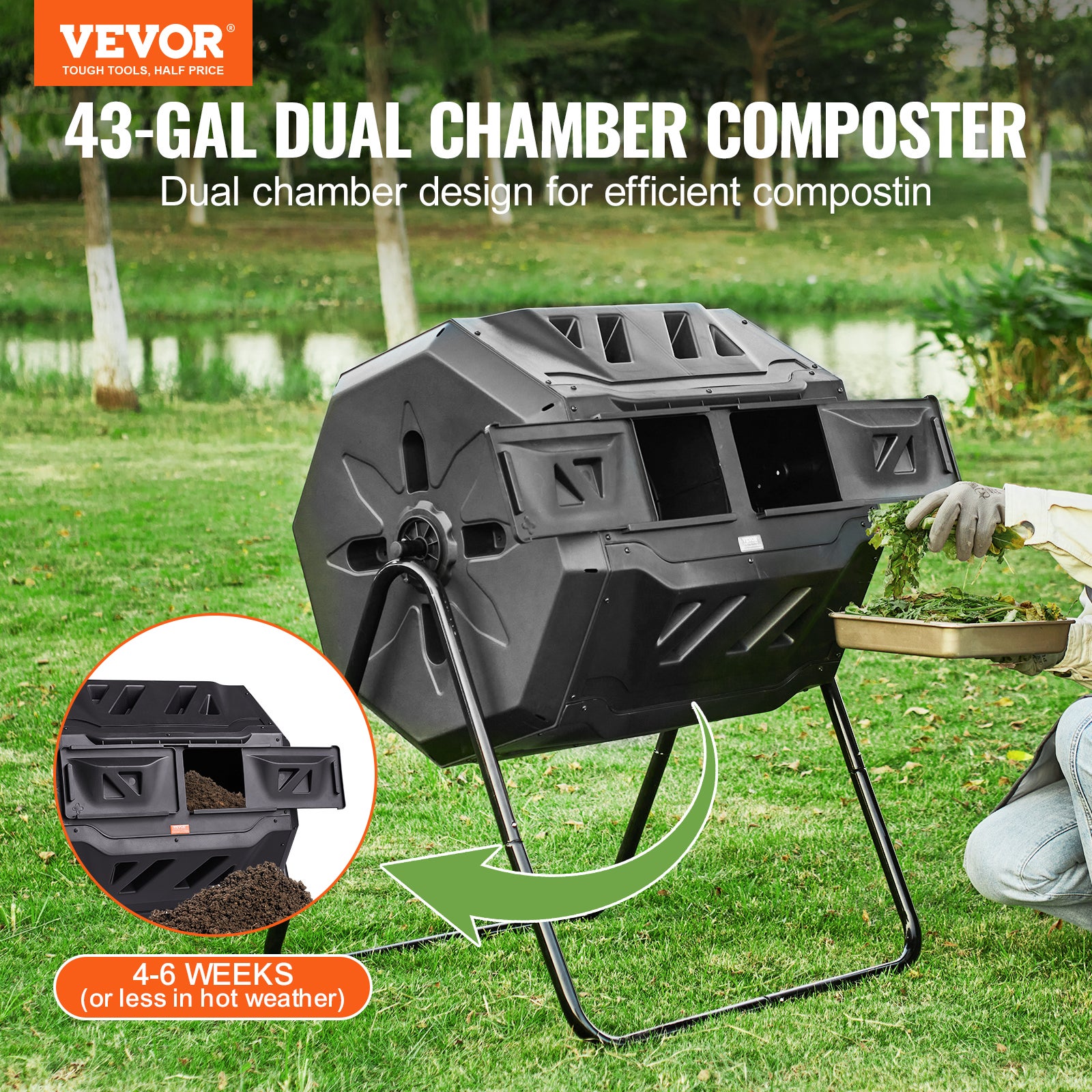Composteur Jardin Rotatif VEVOR 162,7 L Double Chambre Bac à Compost Rotatif à 360° en PP sans BPA Charge 50 kg pour Compostage des Déchets Organiques - 2