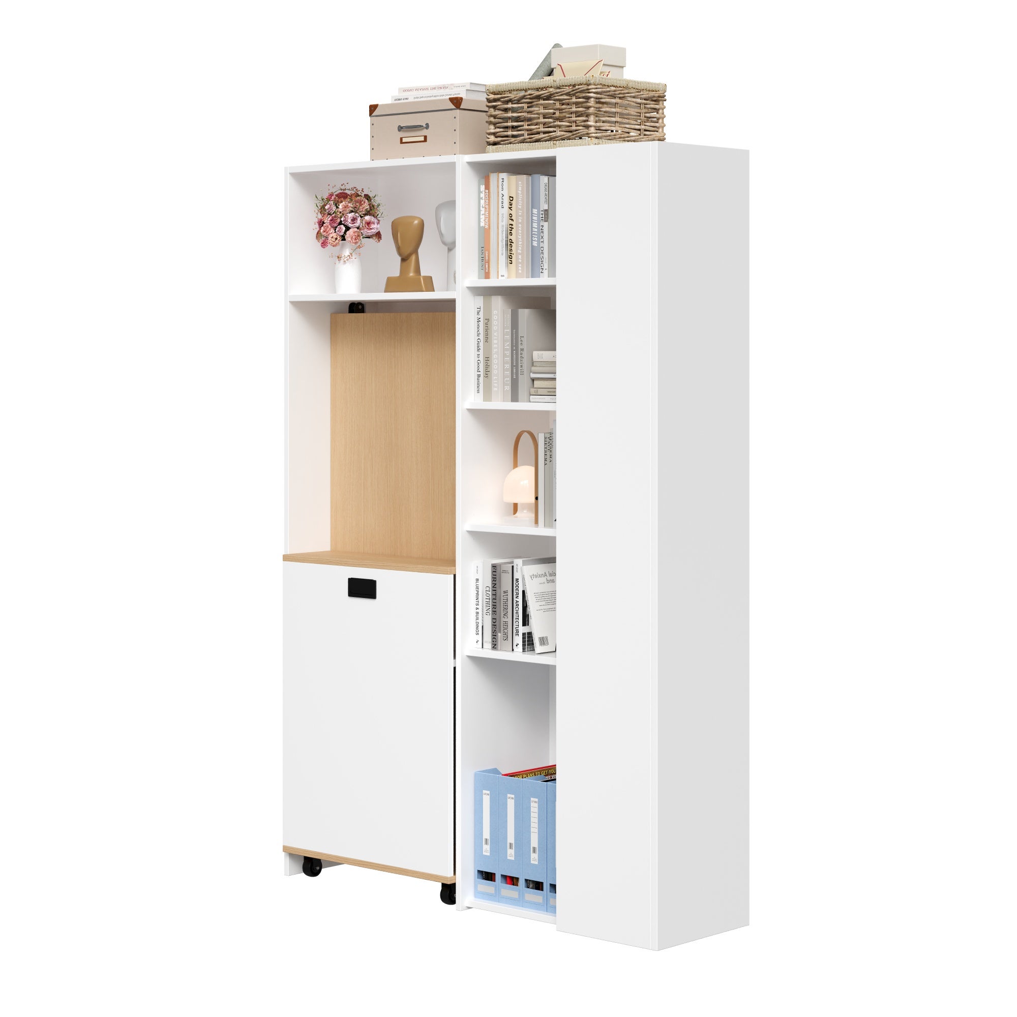 Bureau pliable avec Bibliothèque - 139 x 50 x 71 cm + 104.5 x 30.5 x 160 cm - MDF - Prises de charge et USB - Etagères réglables - Blanc - 9