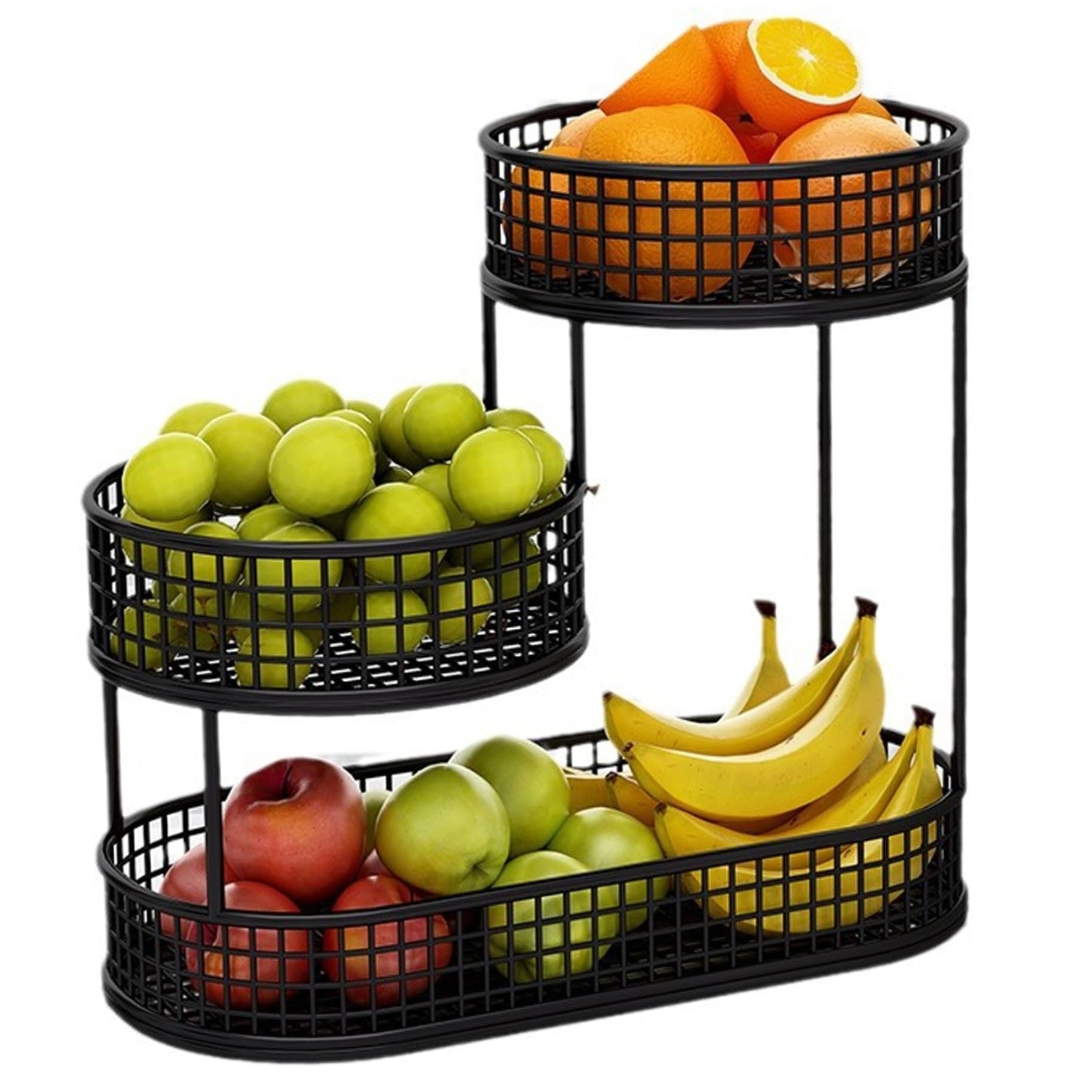 Cesto Portafrutta A 2 Piani In Metallo – Portaverdura A Rete, Design Scandinavo, Per Cucina E Soggiorno – Colore: Nero (Ø28/18,5cm, H36,5cm)