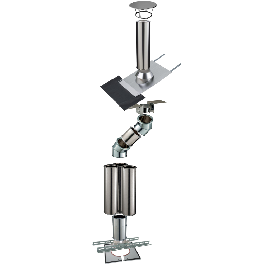 Kit conduit isolé sortie toiture avec dévoiement Inox-Galva et Inox-Inox Ø230 Poujoulat - Déport 39 cm / Longueur 494 cm - 2