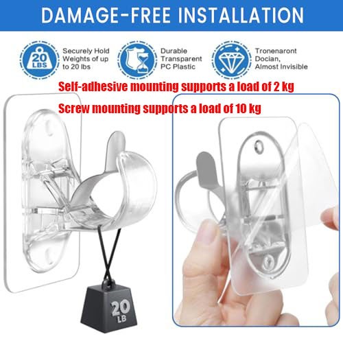 Embalagem de 2 suportes para varão de cortina sem orifícios, adesivos, sem perfuração, ganchos adesivos resistentes (transparentes) - 4