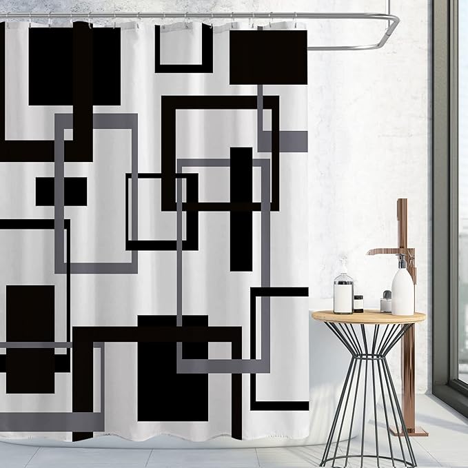 Czarno-szara geometryczna zasłona prysznicowa z tkaniny, wodoodporna minimalistyczna abstrakcyjna nowoczesna zasłona prysznicowa w stylu połowy wieku