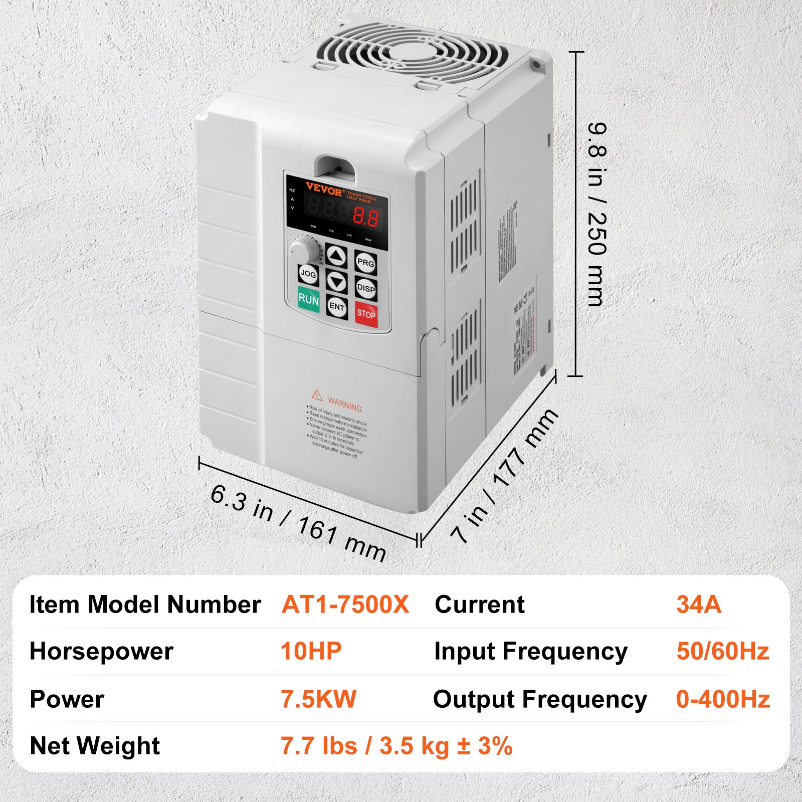 Variateur de Fréquence 7,5 kW, 10 CV 34A 0-400 Hz VFD, Entrée Monophasé, Sortie Triphasé, Contrôle Vitesse, Refroidissement Rapide VEVOR - 7
