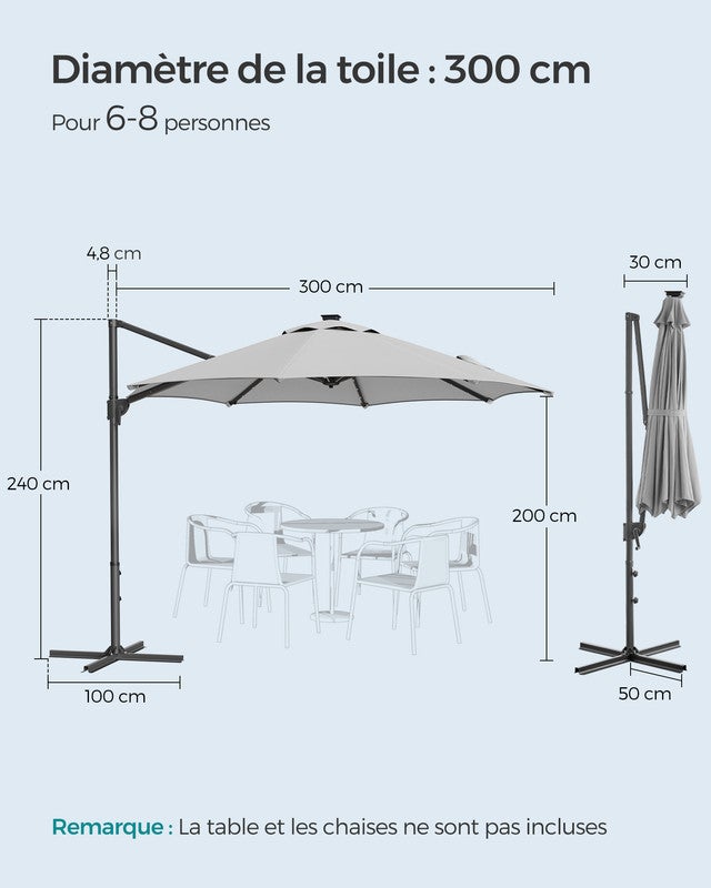 Parasol de Jardin 300 cm, 28 LED Solaires, UPF 50+, Pivotant à 360°, Inclinaison Fluide, Manivelle, avec Base en Croix, Gris Tourterelle - 5