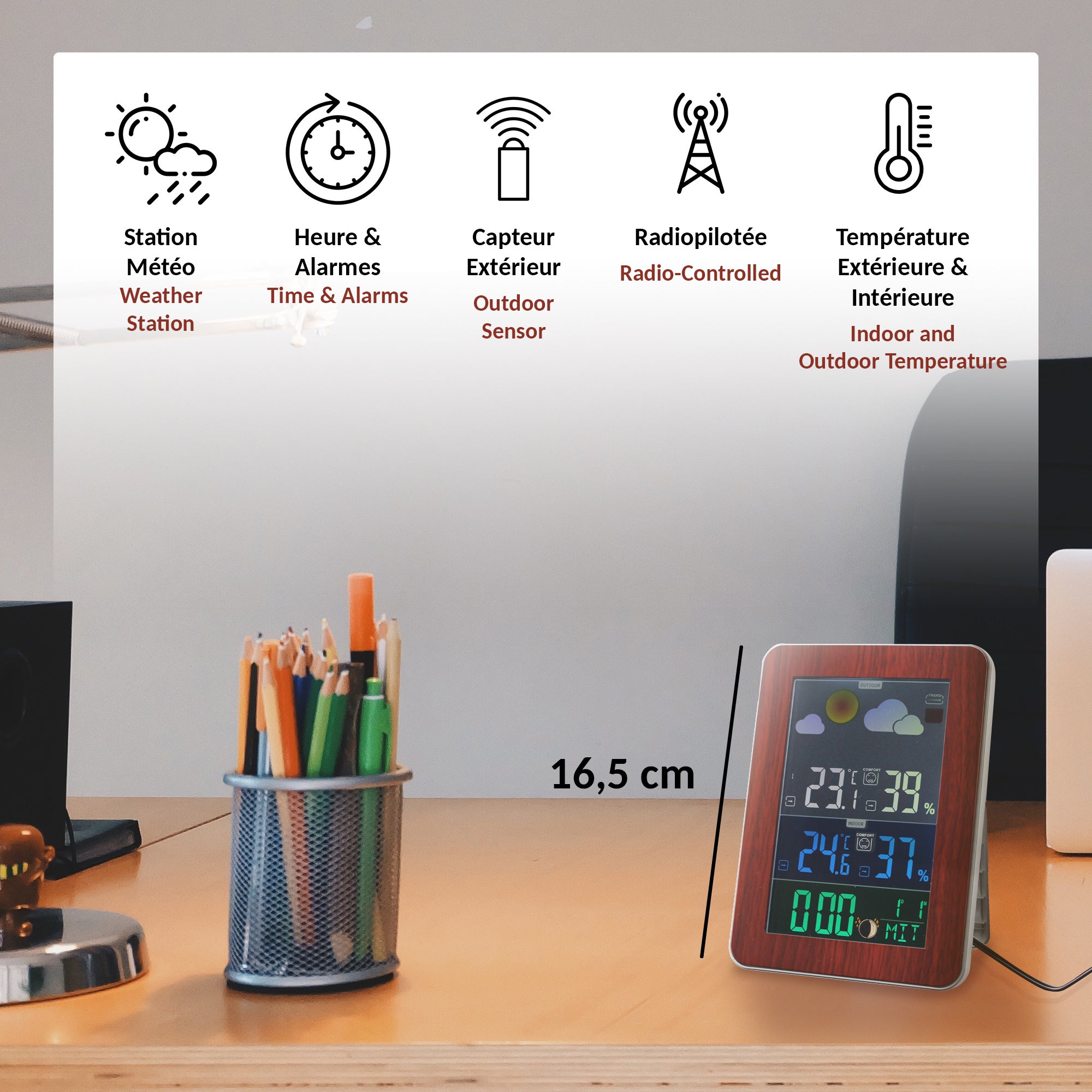 Stazione Meteo Color & Wood FISHTEC Radio Controllata Schermo XL Colori Legno Argento Sensore Esterno Fasi Lunari Doppia Sveglia 7 Lingue - 3