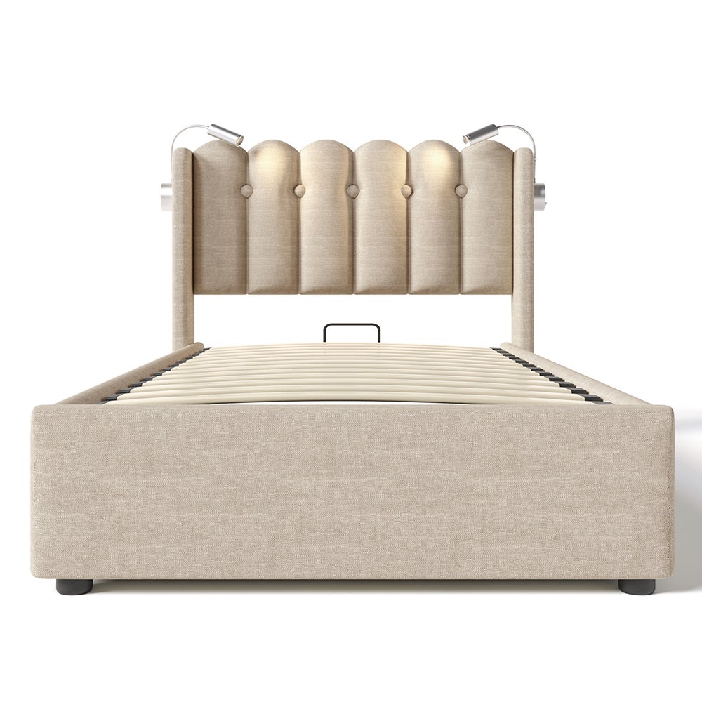 Lit coffre Lit simple rembourré Tête de lit Espace de rangement Cadre de lit en velours Lit d'adolescent 90x200 avec sommier à lattes Naturel - 2