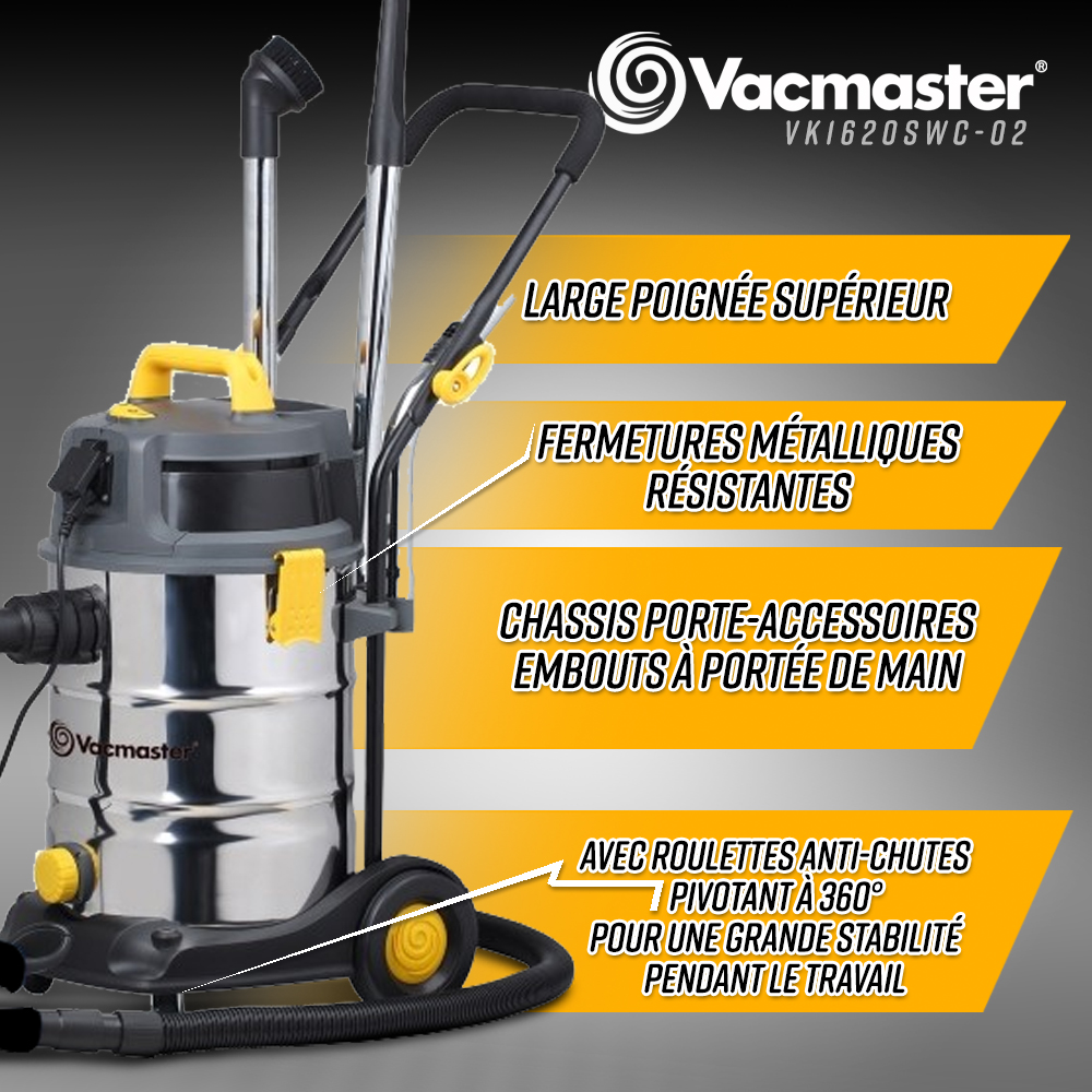 Aspirateur eau et poussières 1600W - 30L inox - 27 Kpa avec prise intégrée et bouchon de vidange - 4