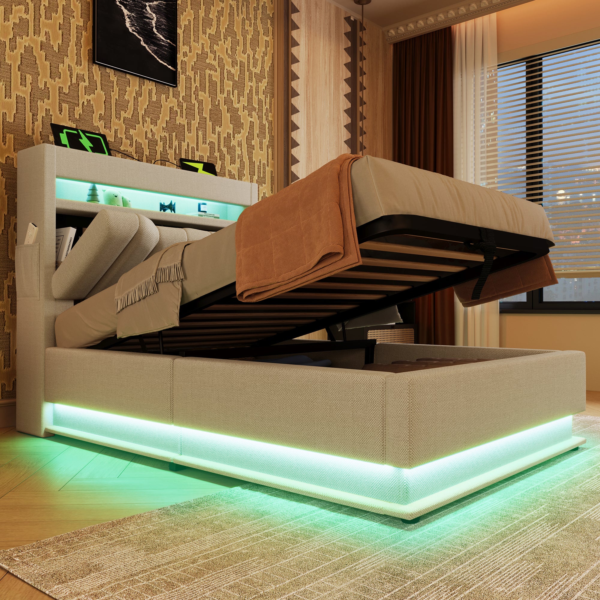 Cama canapé tapizada 90x200cm - con LED - con puertos USB y Tipo C - Tejido de lino - Cabecero con espacio de almacenaje - Beige - 3