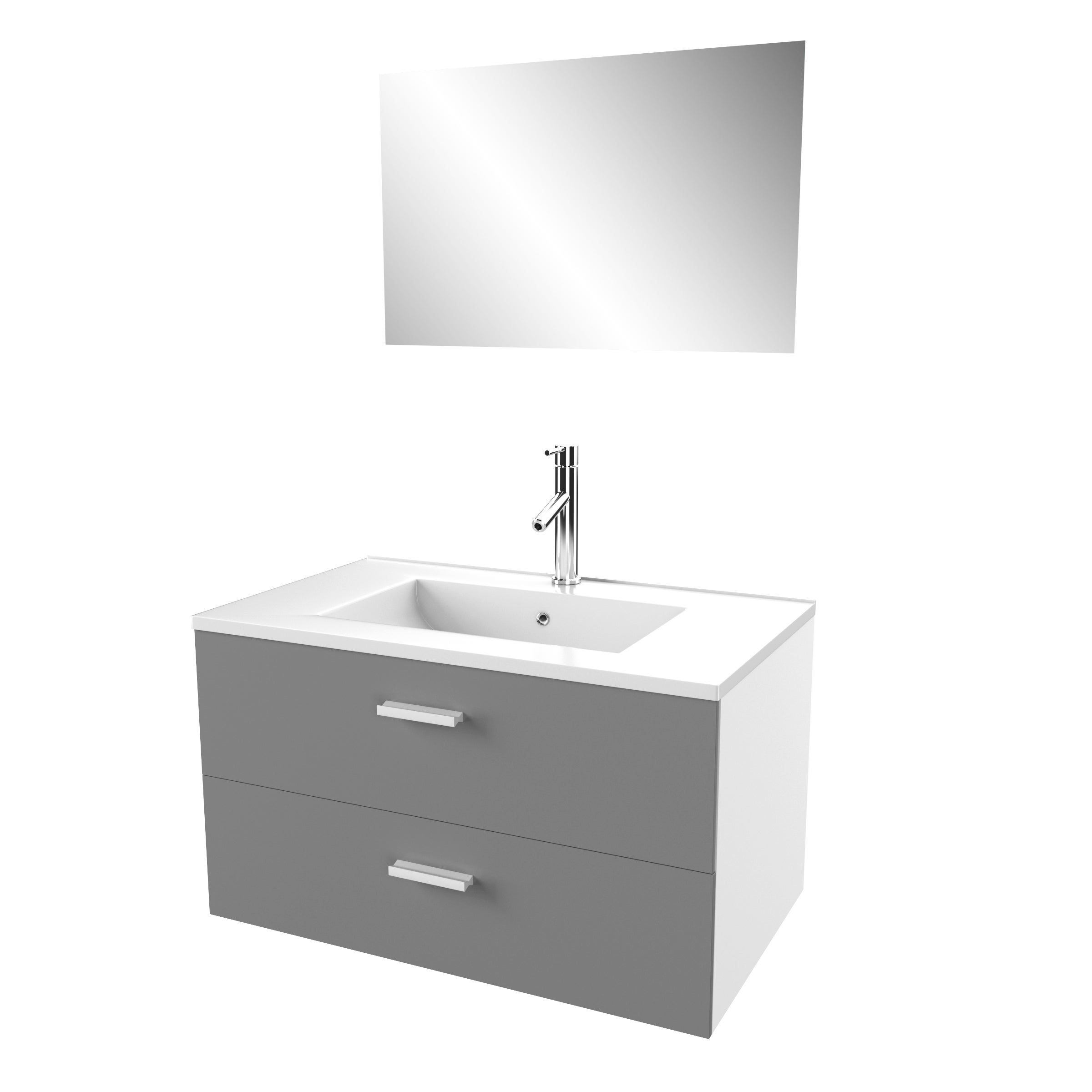Meuble salle de bain 80 cm suspendu 2 tiroirs Gris avec vasque et miroir - BOX-IN - 3